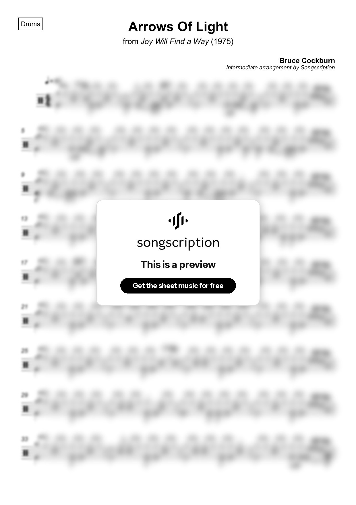 Intermediate Drums Sheet Music for "Arrows Of Light" by Bruce Cockburn