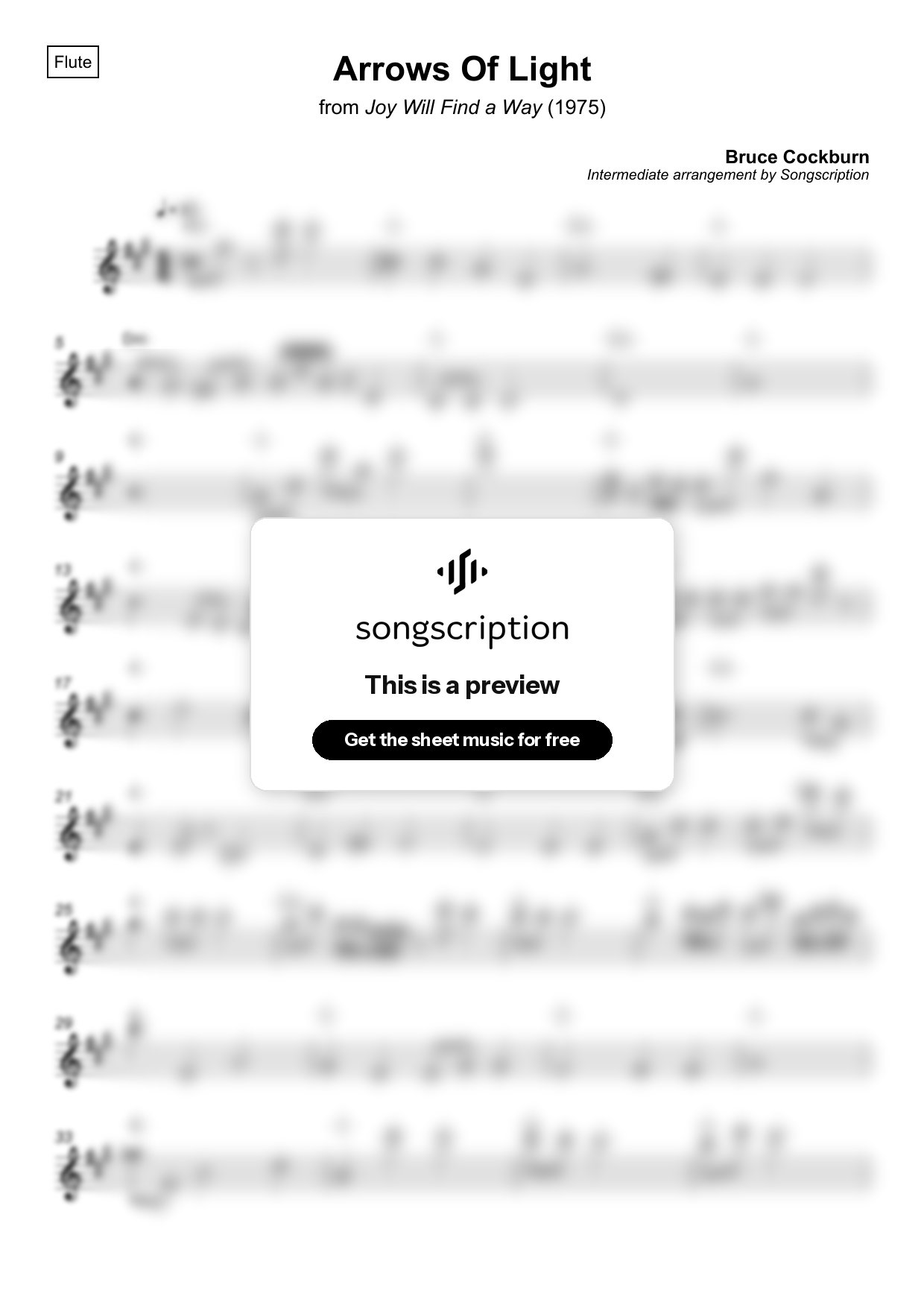 Intermediate Flute Sheet Music for "Arrows Of Light" by Bruce Cockburn