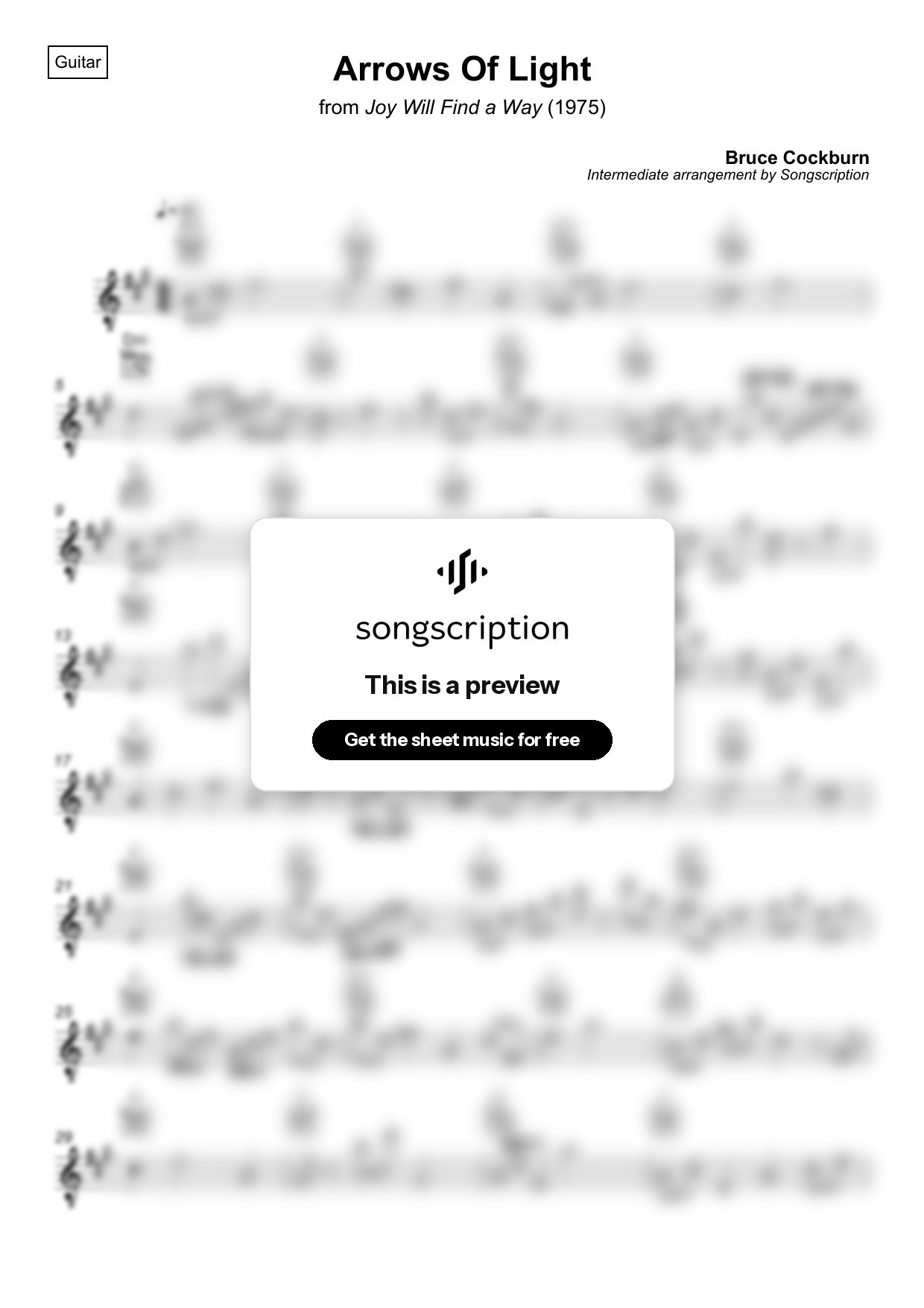 Intermediate Acoustic Guitar Sheet Music for "Arrows Of Light" by Bruce Cockburn