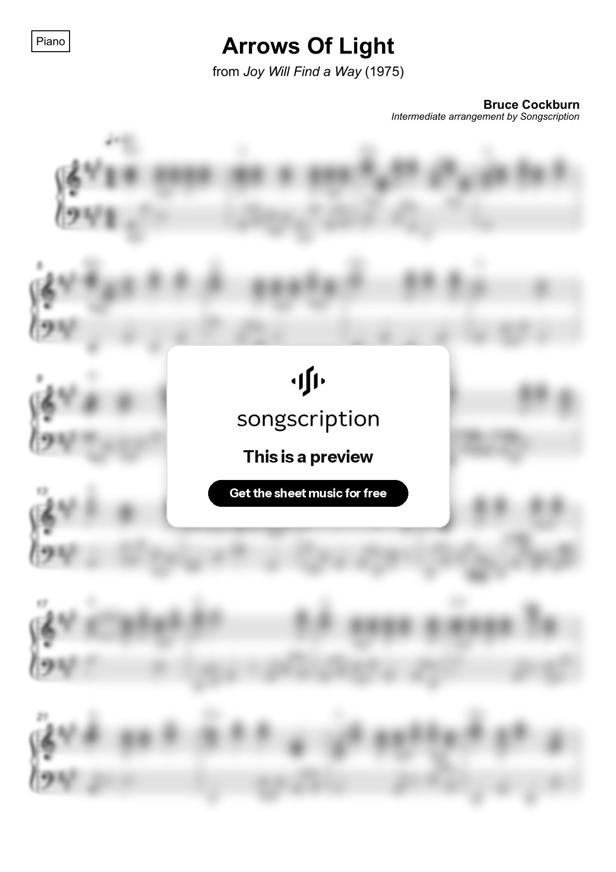 Intermediate Piano Sheet Music for "Arrows Of Light" by Bruce Cockburn