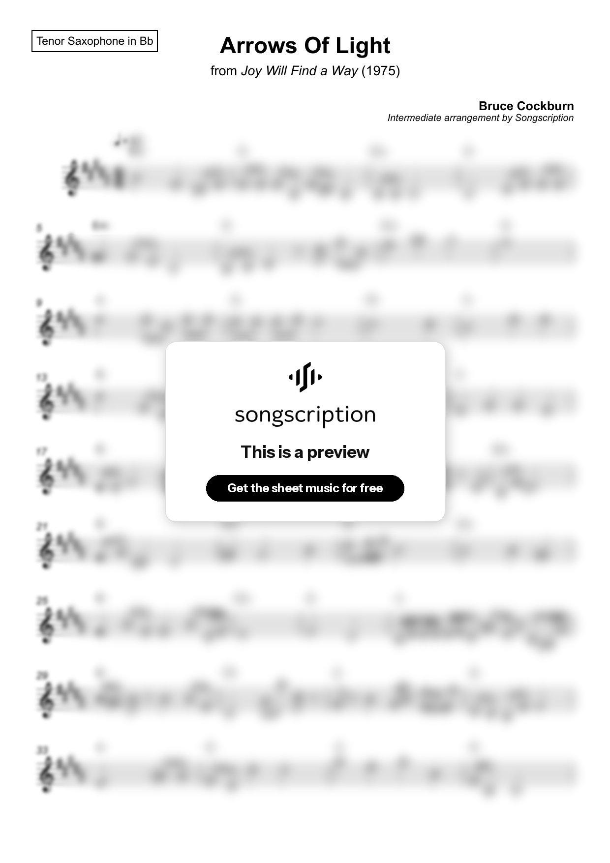 Intermediate Tenor Sax Sheet Music for "Arrows Of Light" by Bruce Cockburn