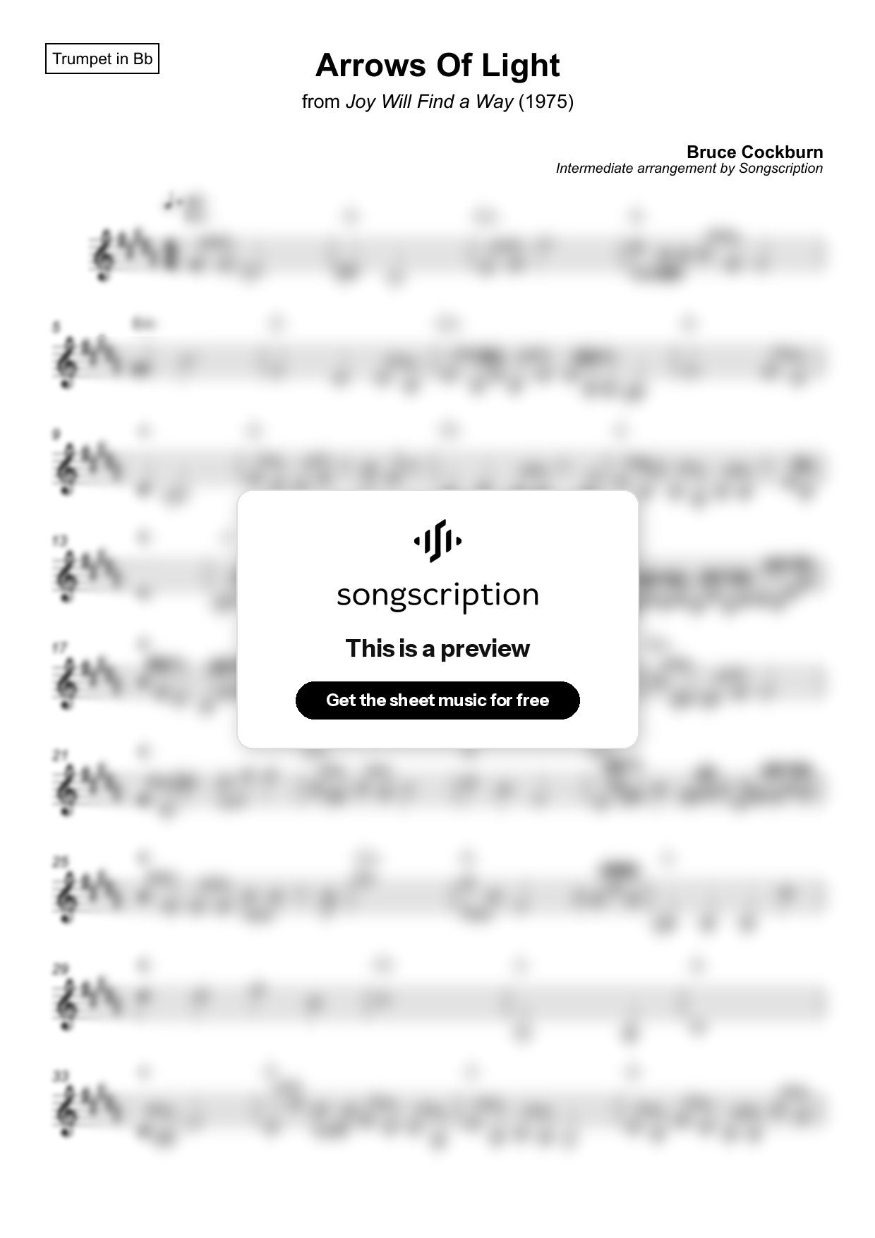Intermediate Trumpet Sheet Music for "Arrows Of Light" by Bruce Cockburn