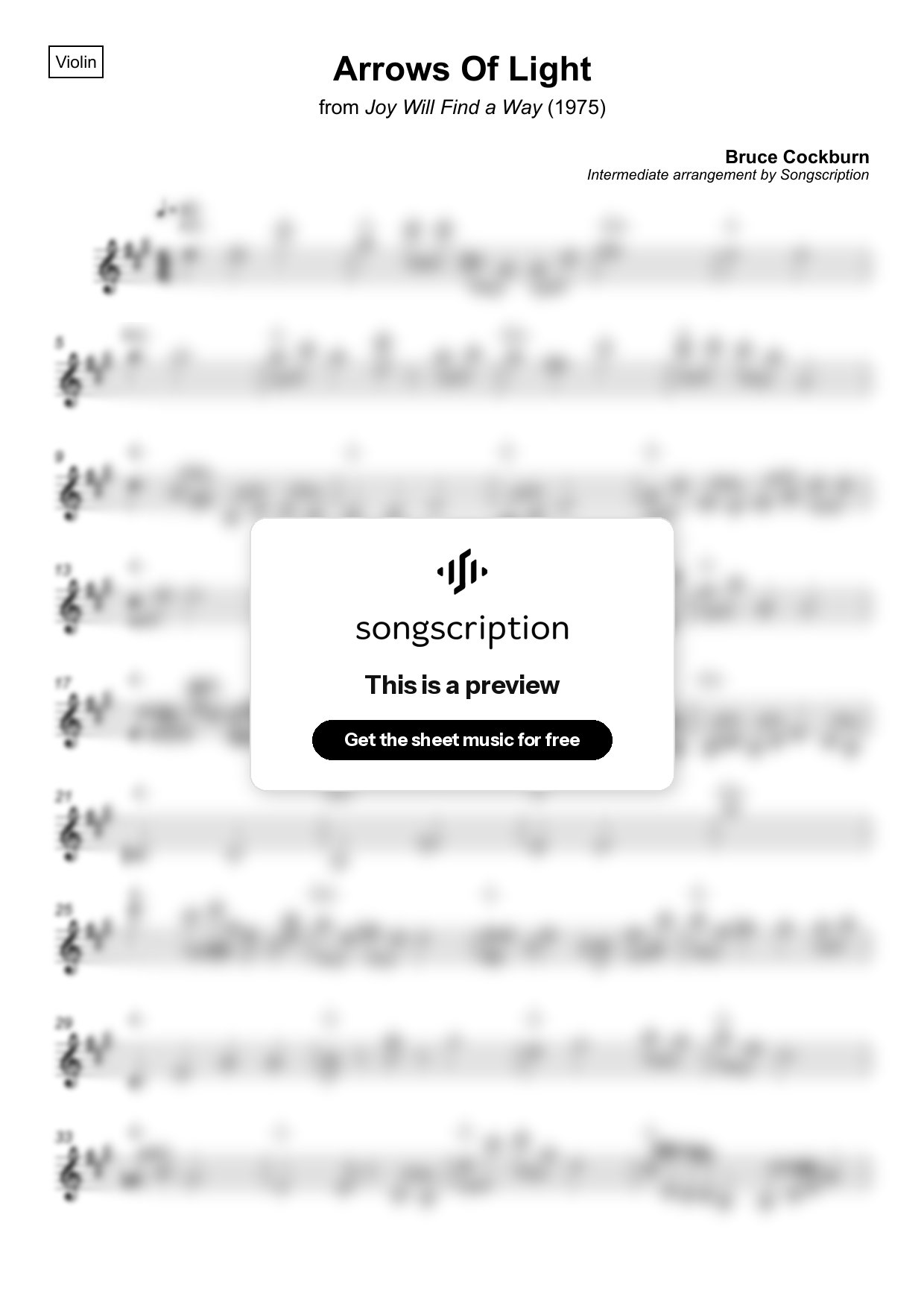 Intermediate Violin Sheet Music for "Arrows Of Light" by Bruce Cockburn