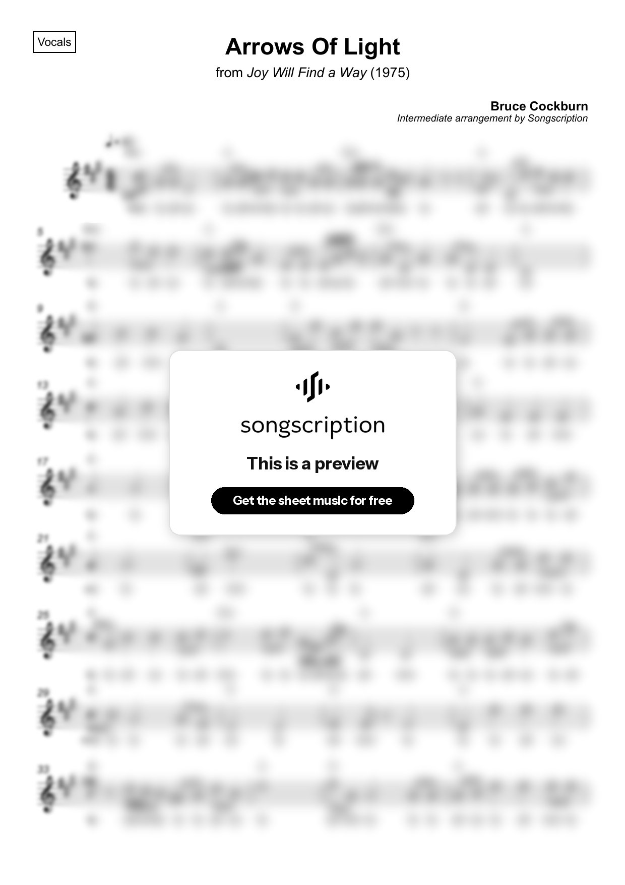 Intermediate Vocals Sheet Music for "Arrows Of Light" by Bruce Cockburn