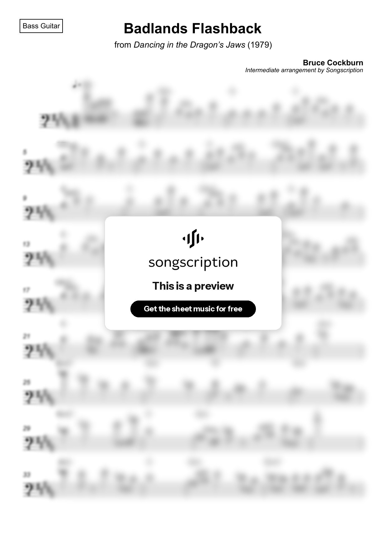 Intermediate Bass Guitar Sheet Music for "Badlands Flashback" by Bruce Cockburn