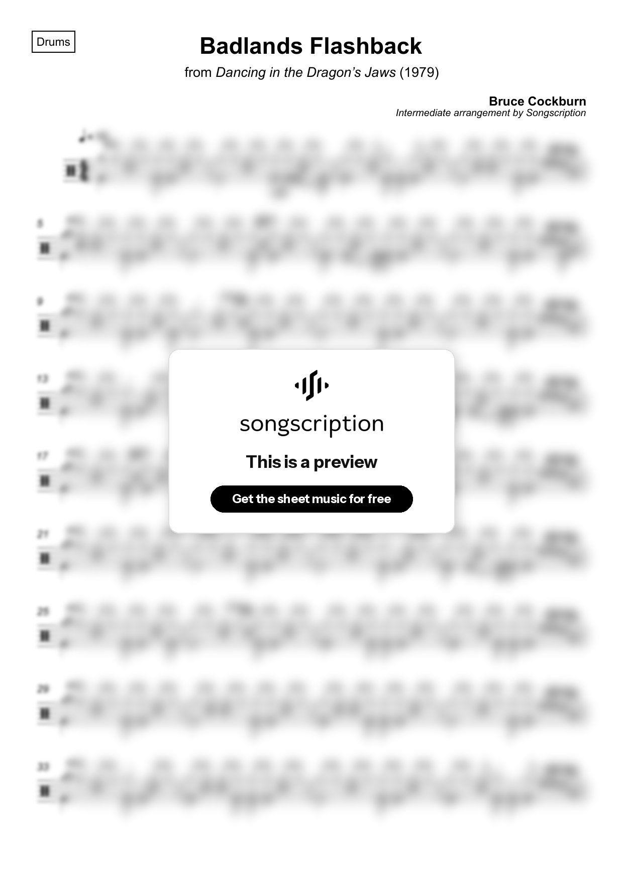 Intermediate Drums Sheet Music for "Badlands Flashback" by Bruce Cockburn