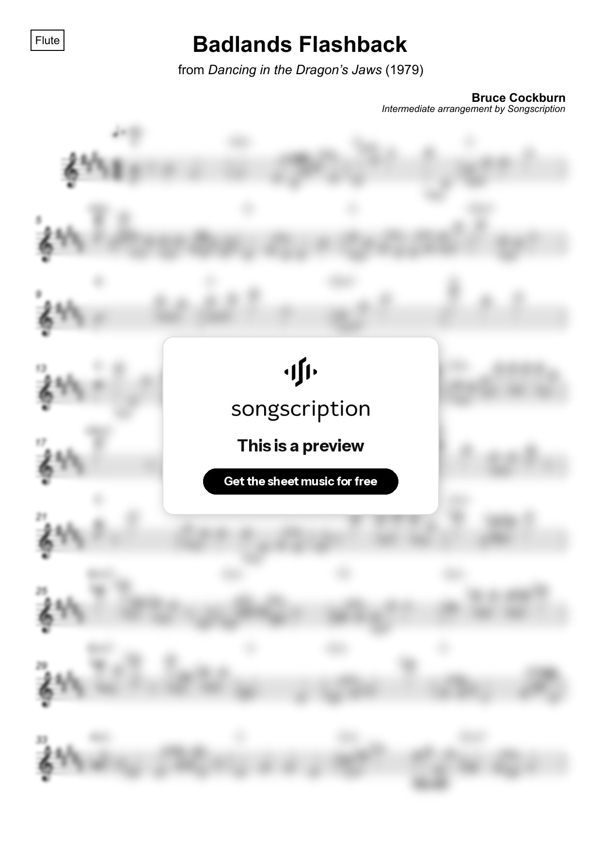 Intermediate Flute Sheet Music for "Badlands Flashback" by Bruce Cockburn