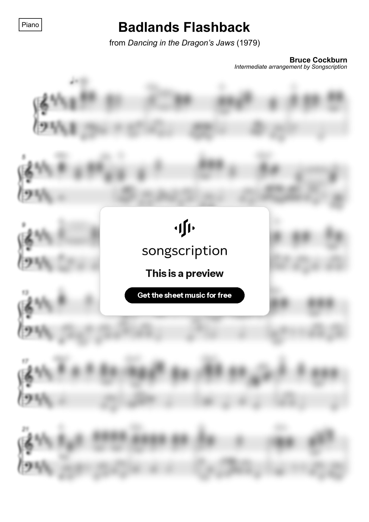 Intermediate Piano Sheet Music for "Badlands Flashback" by Bruce Cockburn