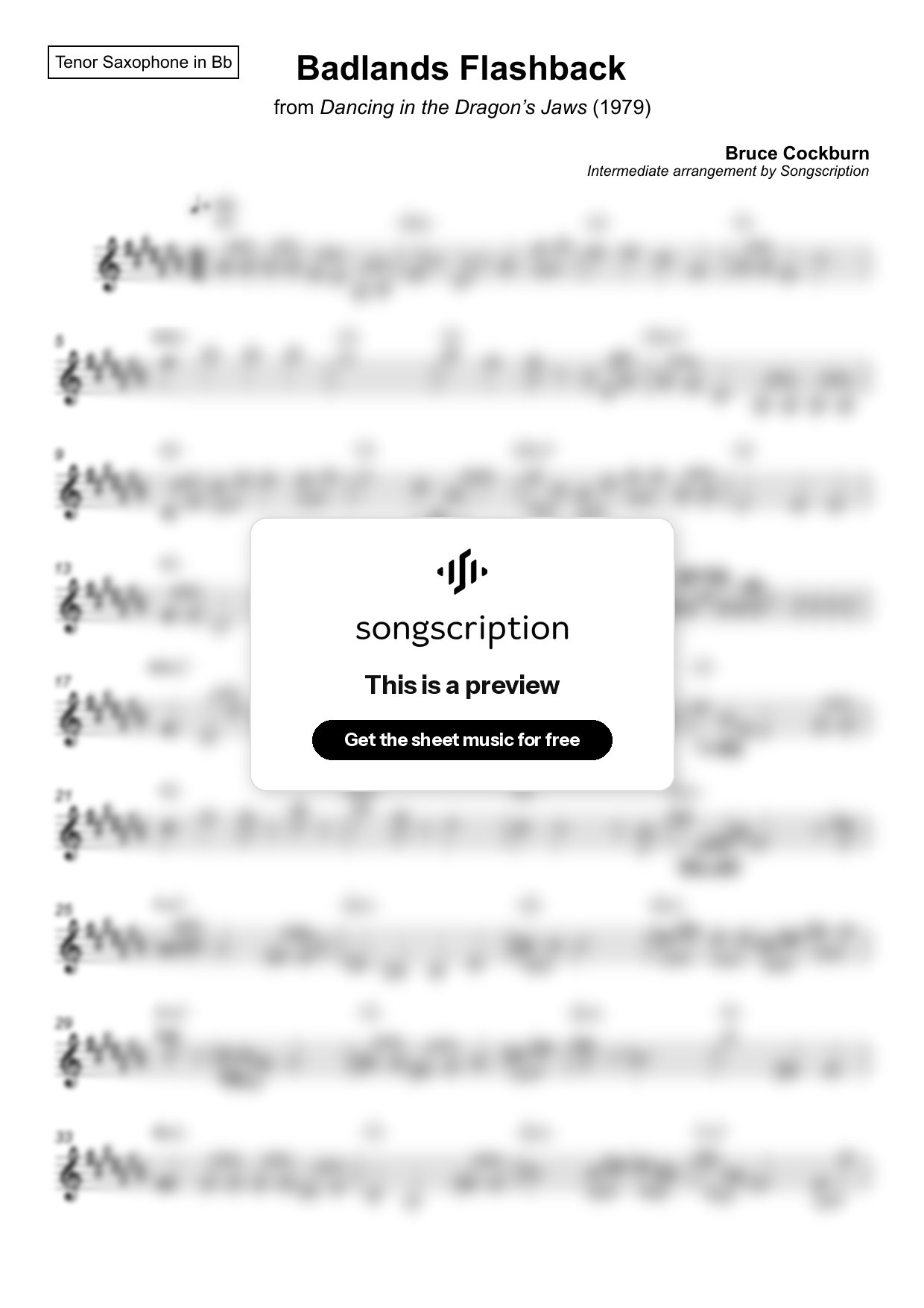 Intermediate Tenor Sax Sheet Music for "Badlands Flashback" by Bruce Cockburn