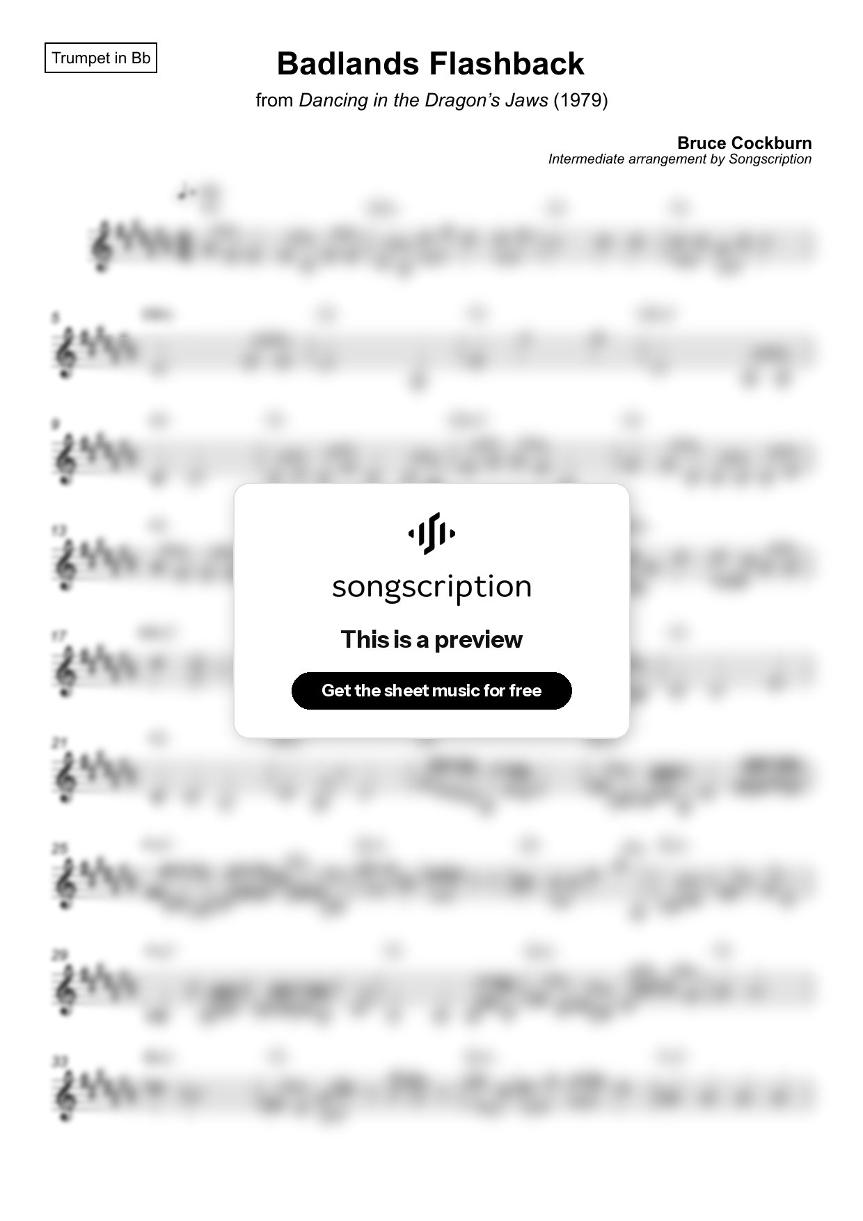 Intermediate Trumpet Sheet Music for "Badlands Flashback" by Bruce Cockburn