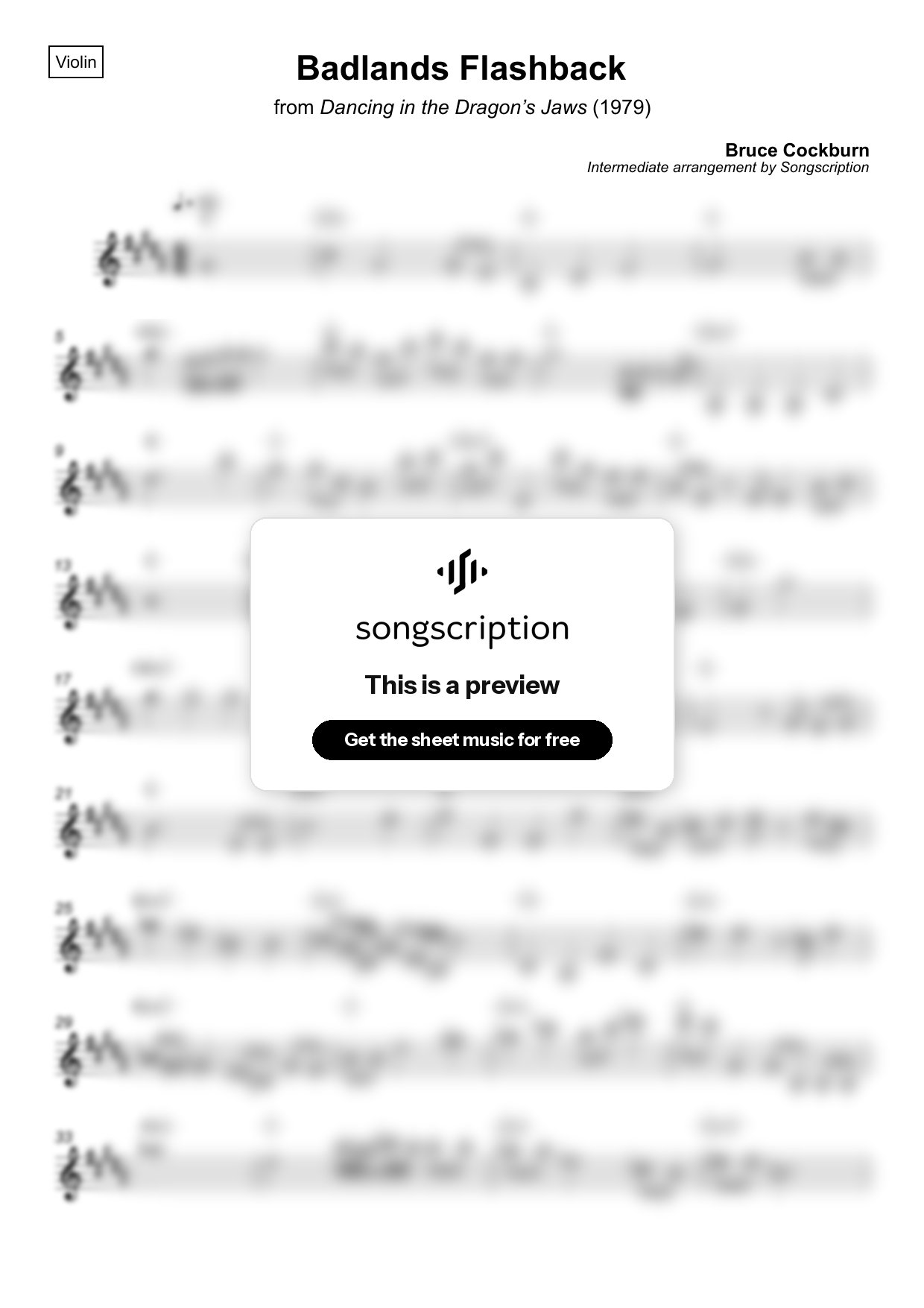 Intermediate Violin Sheet Music for "Badlands Flashback" by Bruce Cockburn