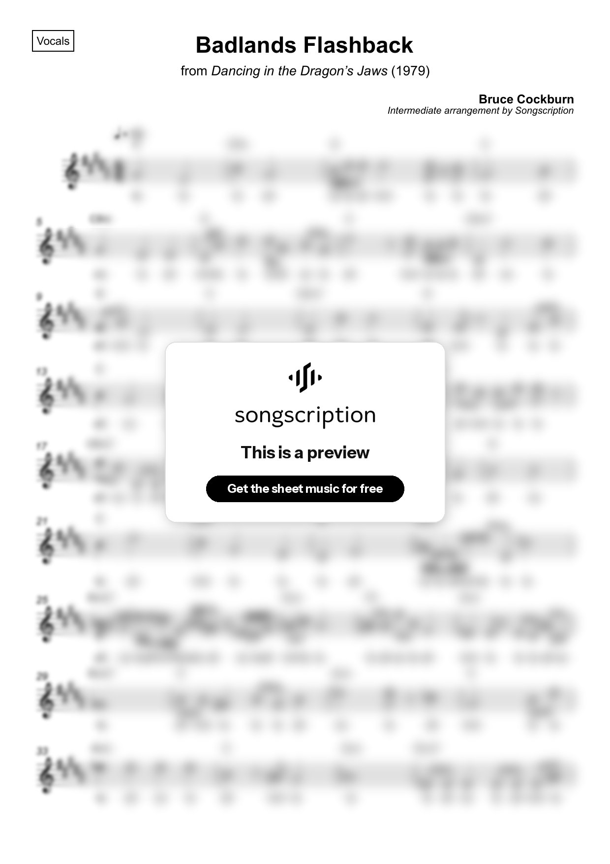 Intermediate Vocals Sheet Music for "Badlands Flashback" by Bruce Cockburn