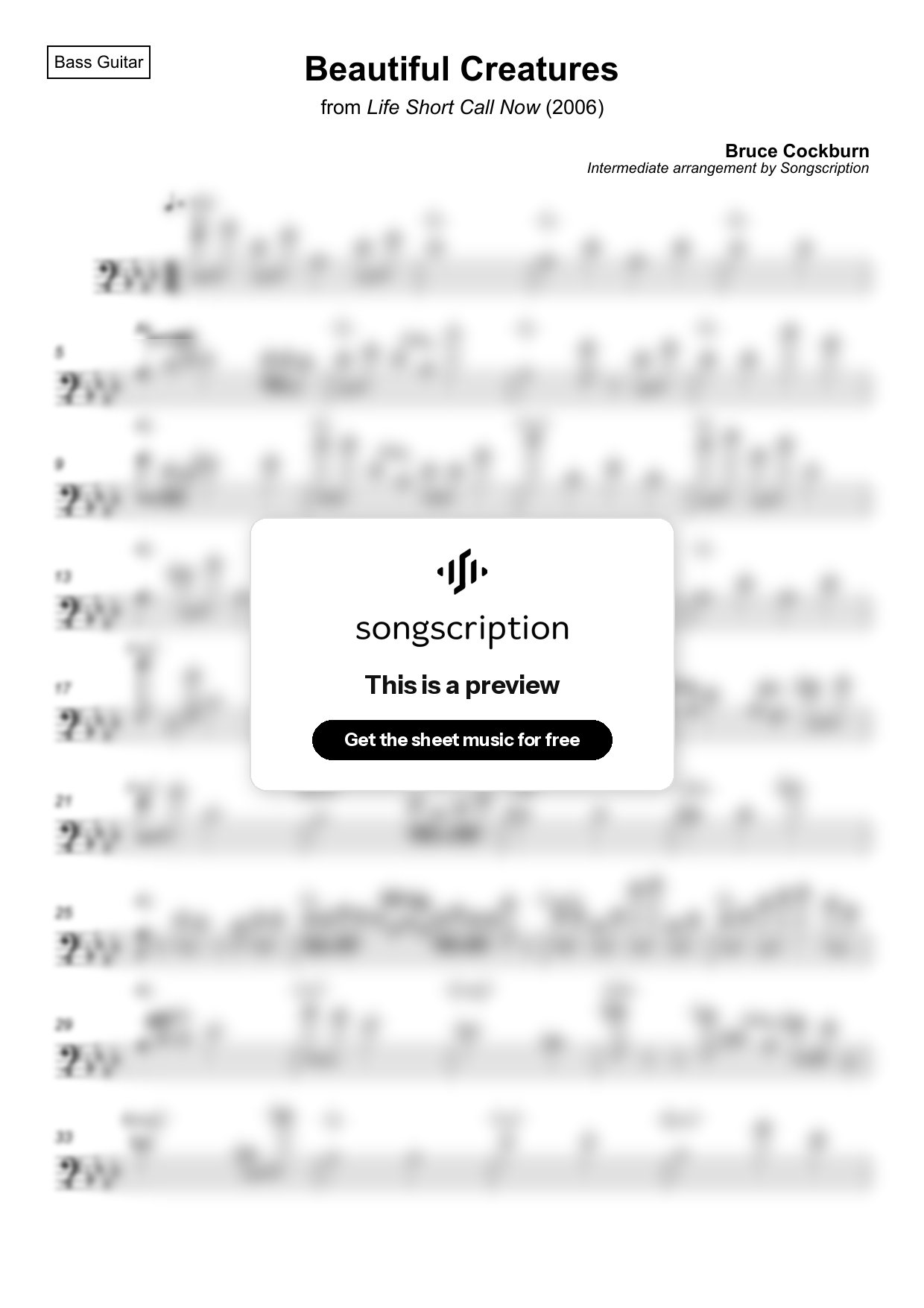 Intermediate Bass Guitar Sheet Music for "Beautiful Creatures" by Bruce Cockburn