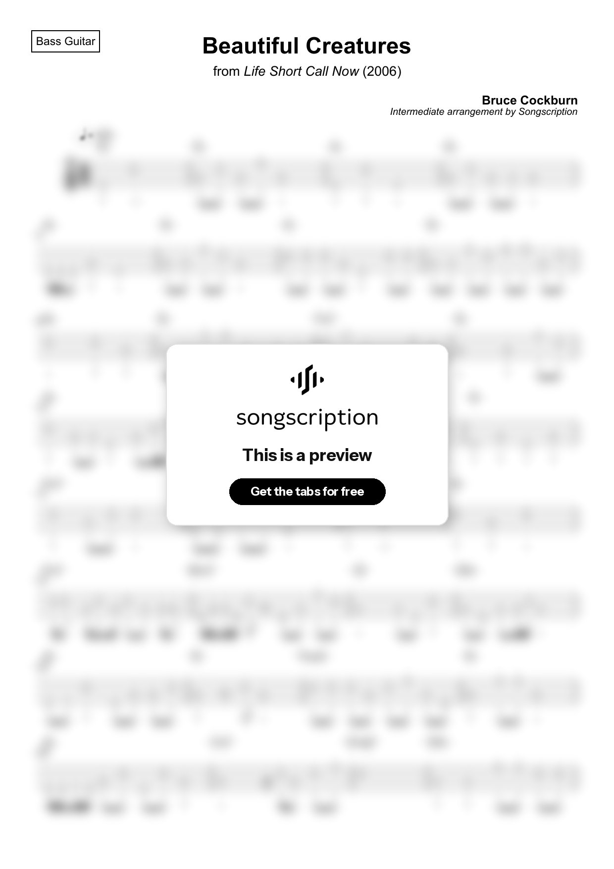 Intermediate Bass Guitar Tabs for "Beautiful Creatures" by Bruce Cockburn