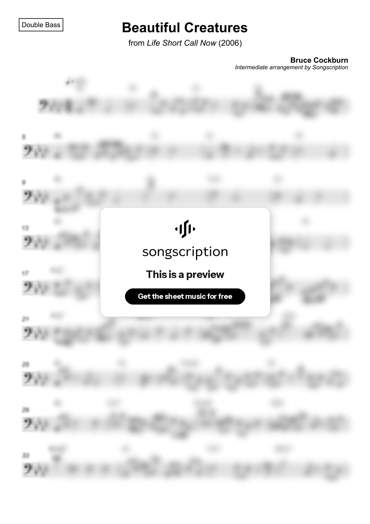 Intermediate Double Bass Sheet Music for "Beautiful Creatures" by Bruce Cockburn