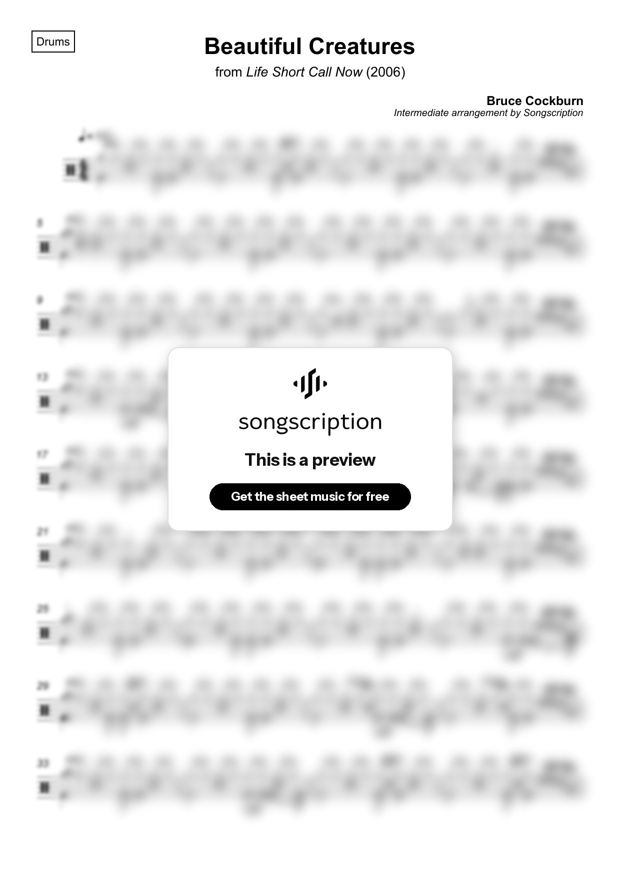 Intermediate Drums Sheet Music for "Beautiful Creatures" by Bruce Cockburn