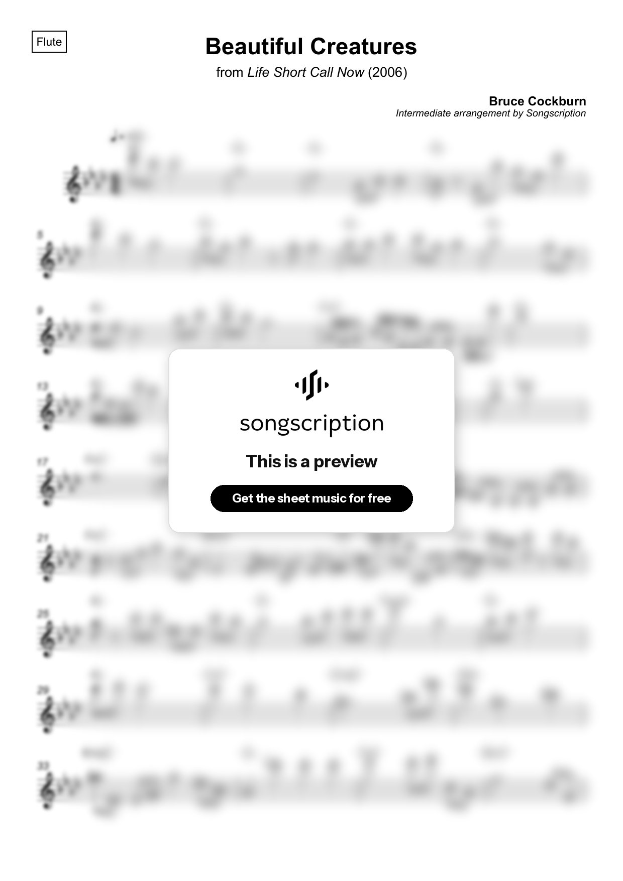 Intermediate Flute Sheet Music for "Beautiful Creatures" by Bruce Cockburn