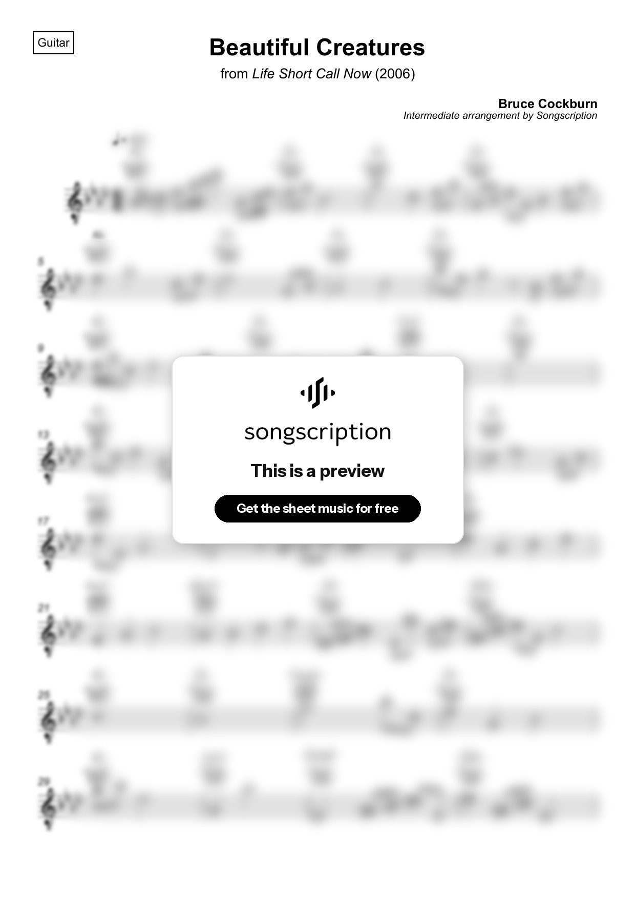 Intermediate Acoustic Guitar Sheet Music for "Beautiful Creatures" by Bruce Cockburn