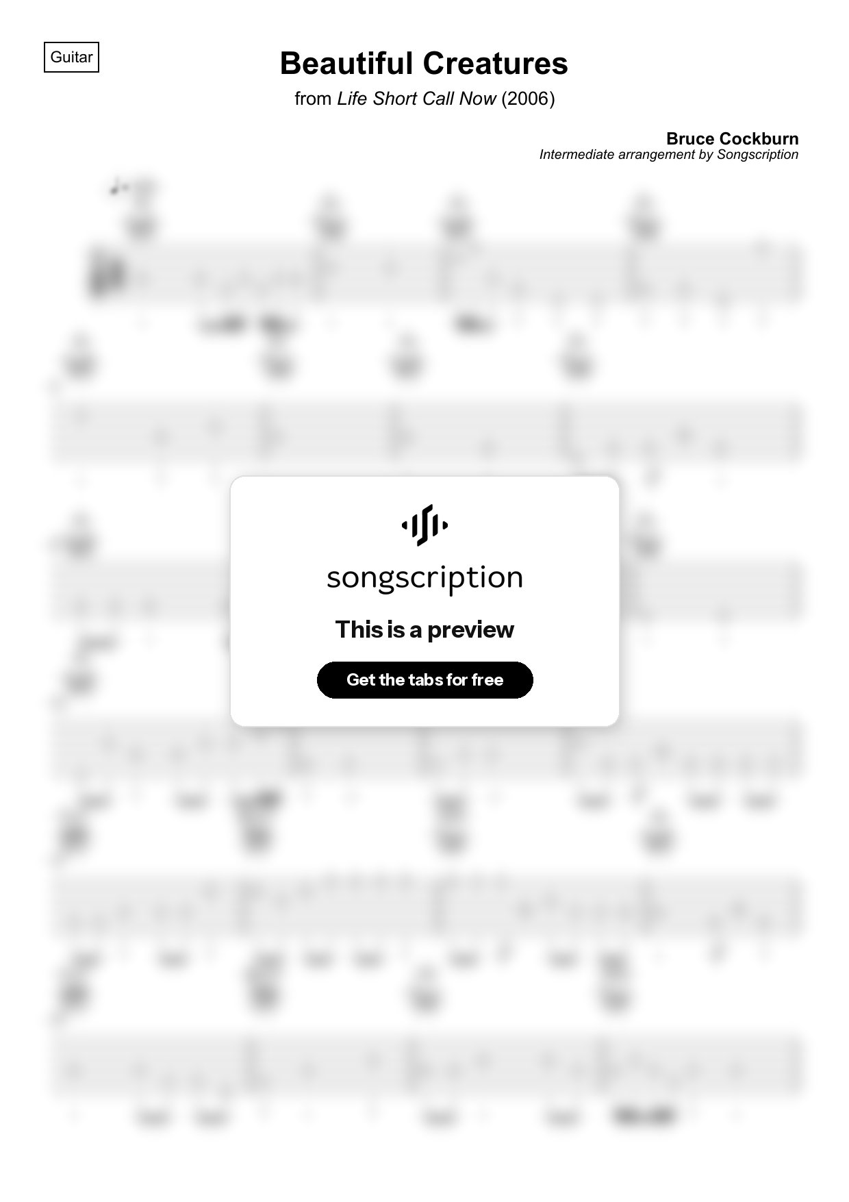 Intermediate Acoustic Guitar Tabs for "Beautiful Creatures" by Bruce Cockburn