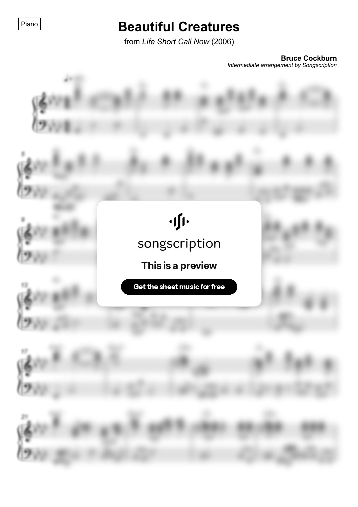 Intermediate Piano Sheet Music for "Beautiful Creatures" by Bruce Cockburn