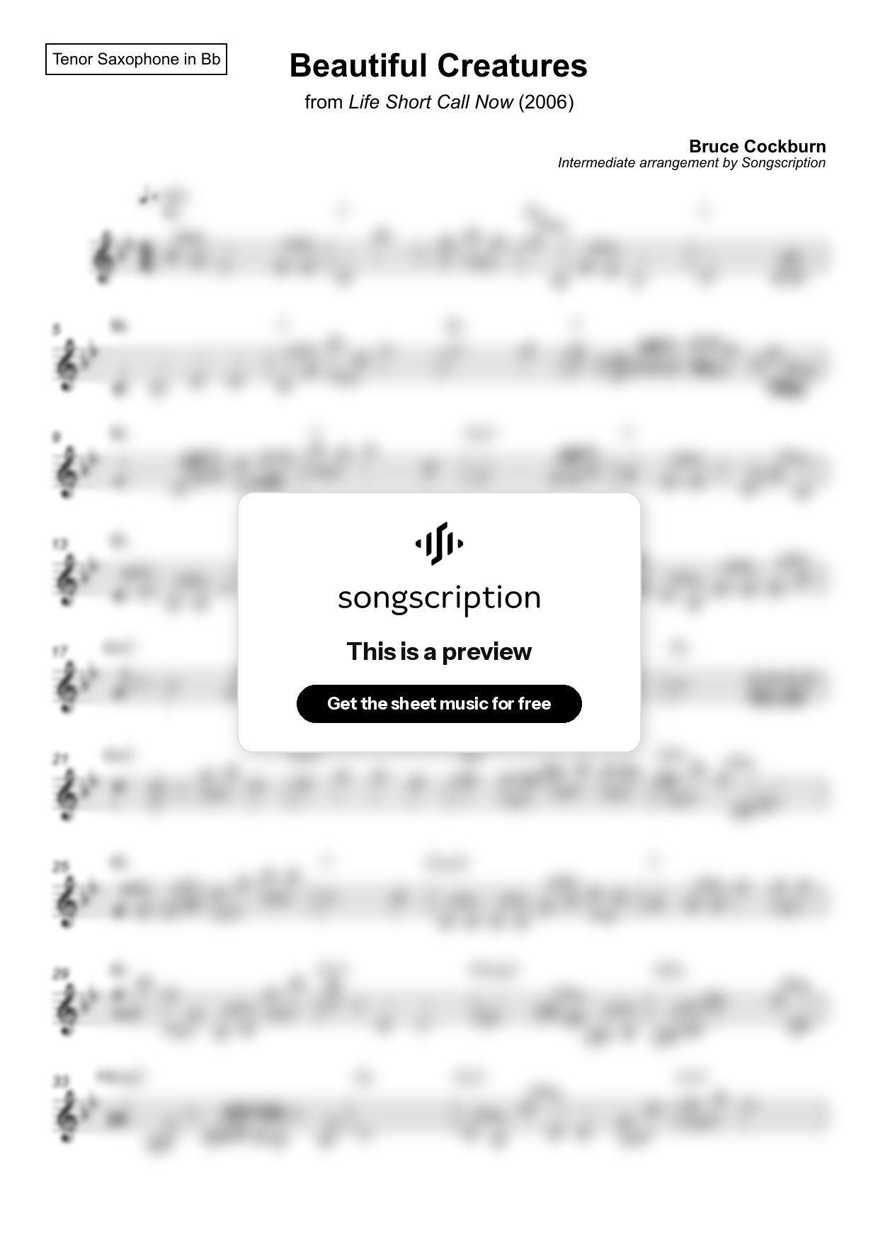 Intermediate Tenor Sax Sheet Music for "Beautiful Creatures" by Bruce Cockburn