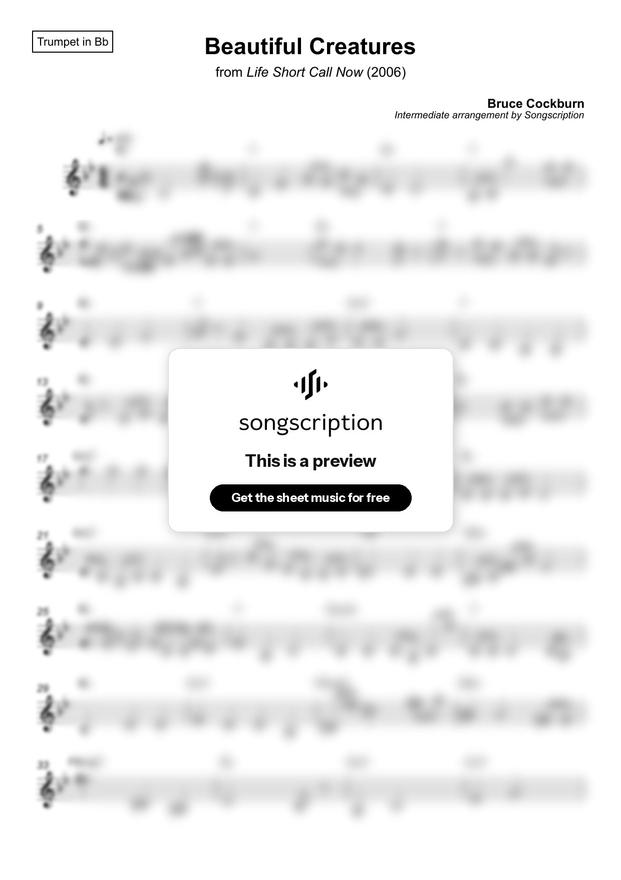 Intermediate Trumpet Sheet Music for "Beautiful Creatures" by Bruce Cockburn