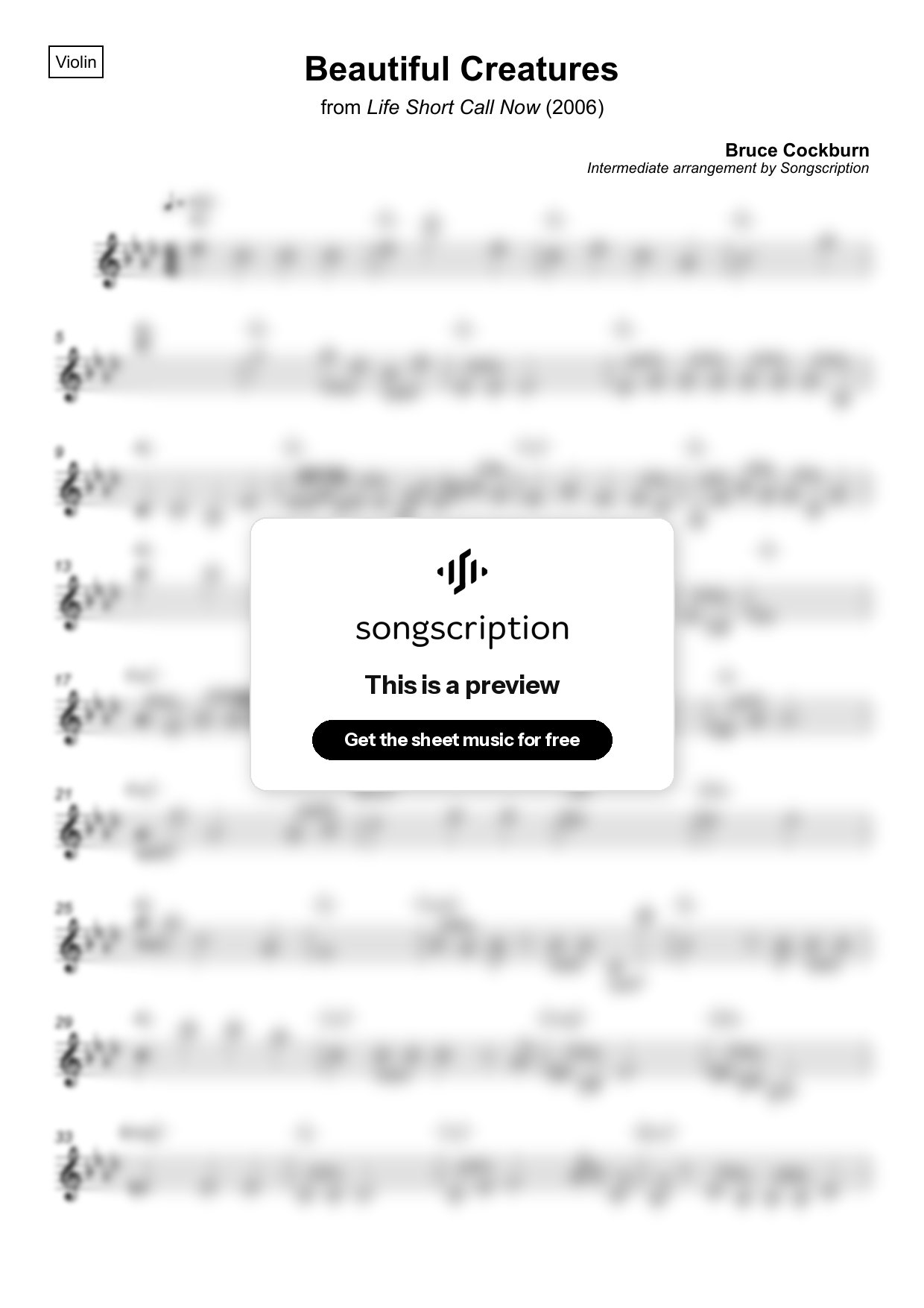 Intermediate Violin Sheet Music for "Beautiful Creatures" by Bruce Cockburn