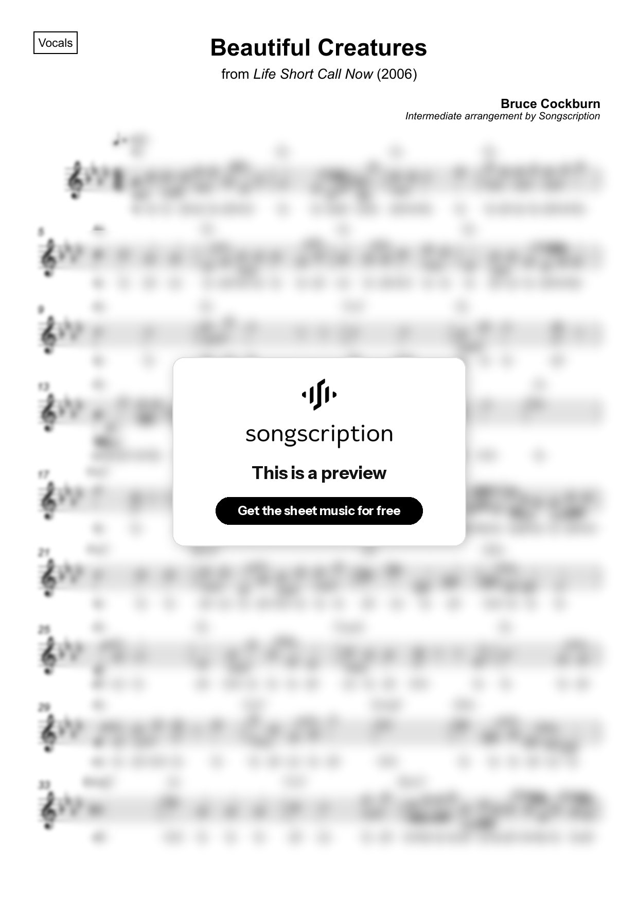 Intermediate Vocals Sheet Music for "Beautiful Creatures" by Bruce Cockburn