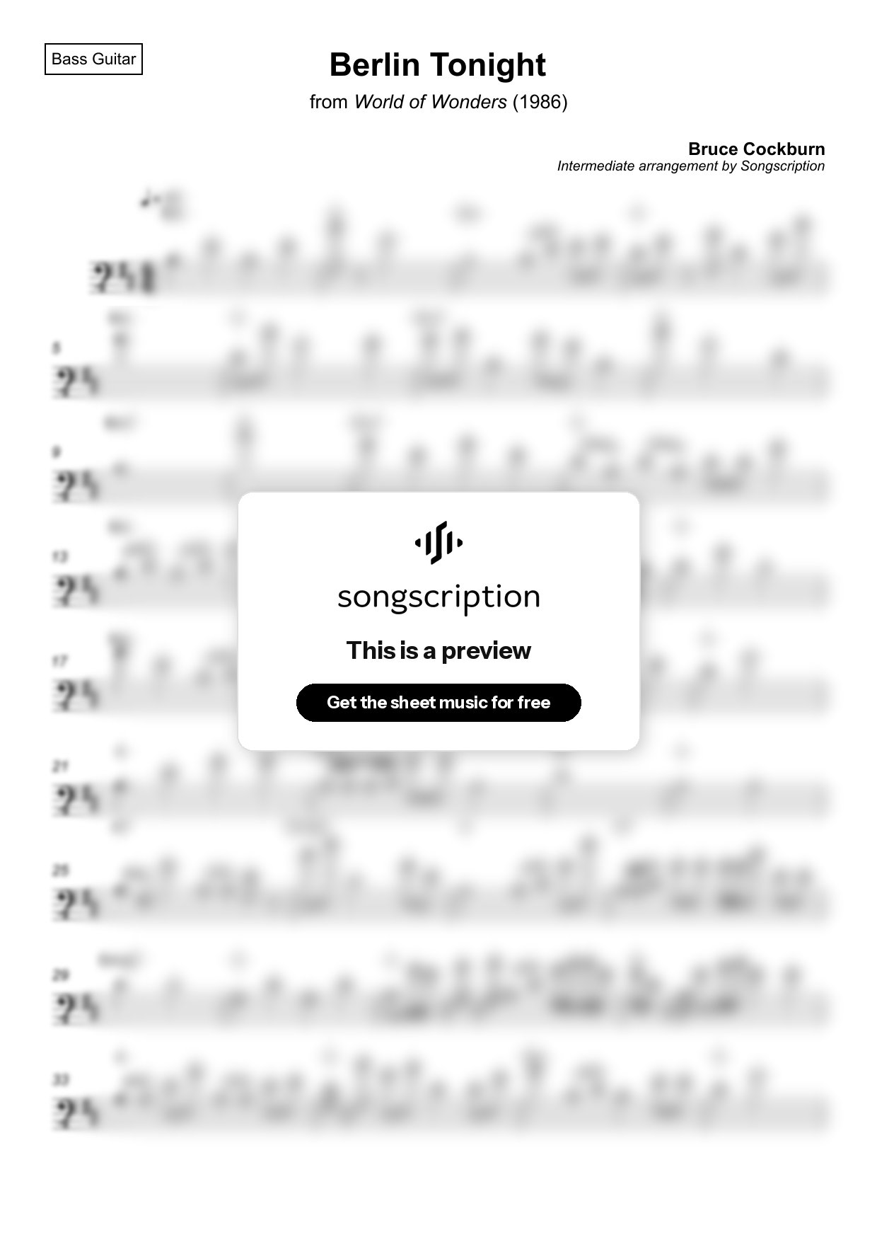 Intermediate Bass Guitar Sheet Music for "Berlin Tonight" by Bruce Cockburn