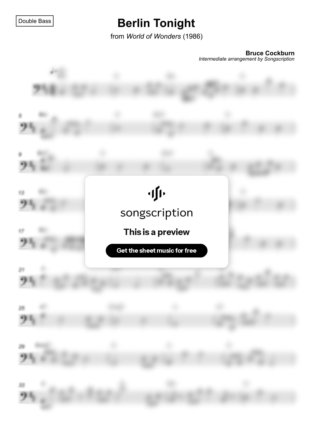 Intermediate Double Bass Sheet Music for "Berlin Tonight" by Bruce Cockburn