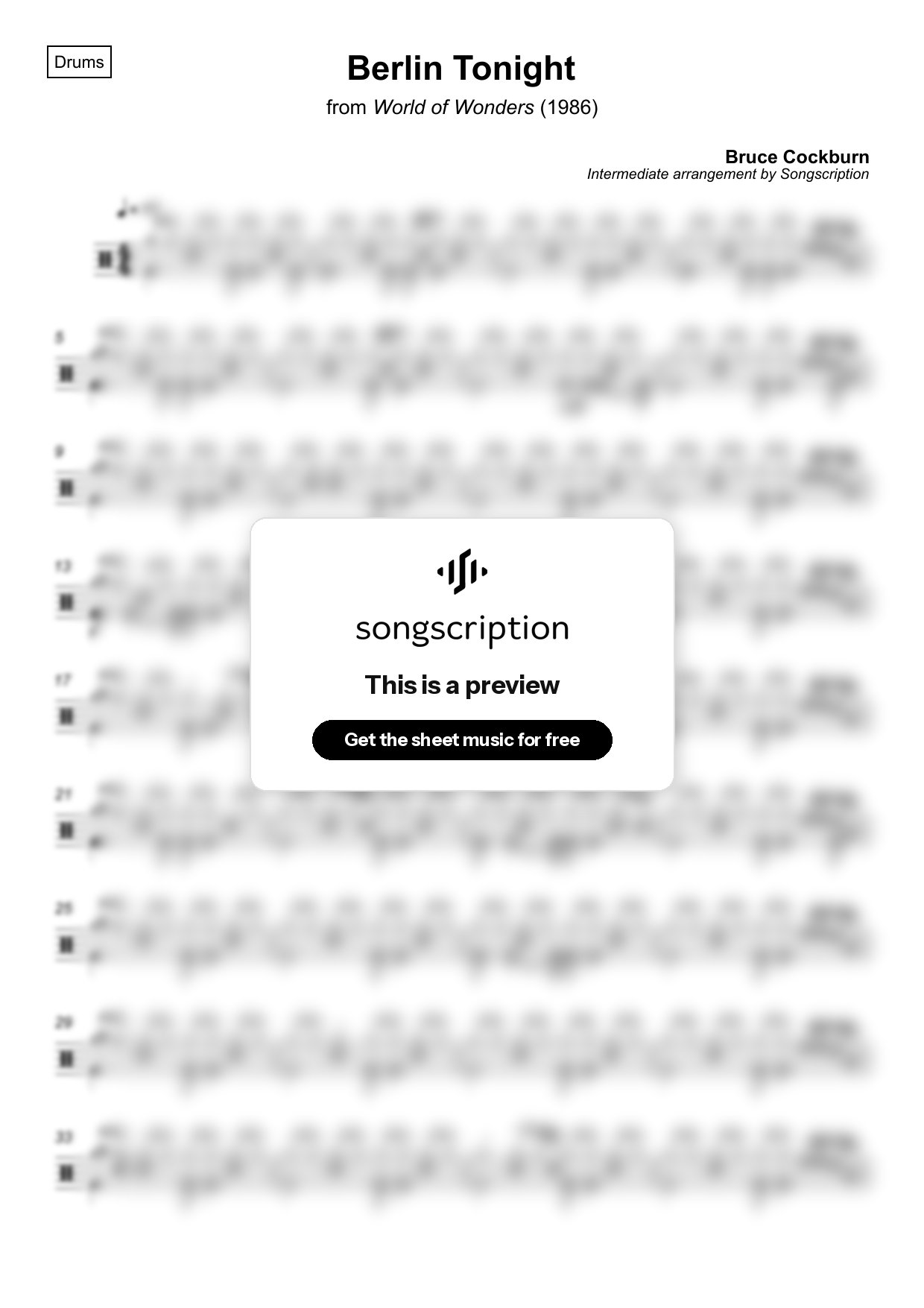 Intermediate Drums Sheet Music for "Berlin Tonight" by Bruce Cockburn