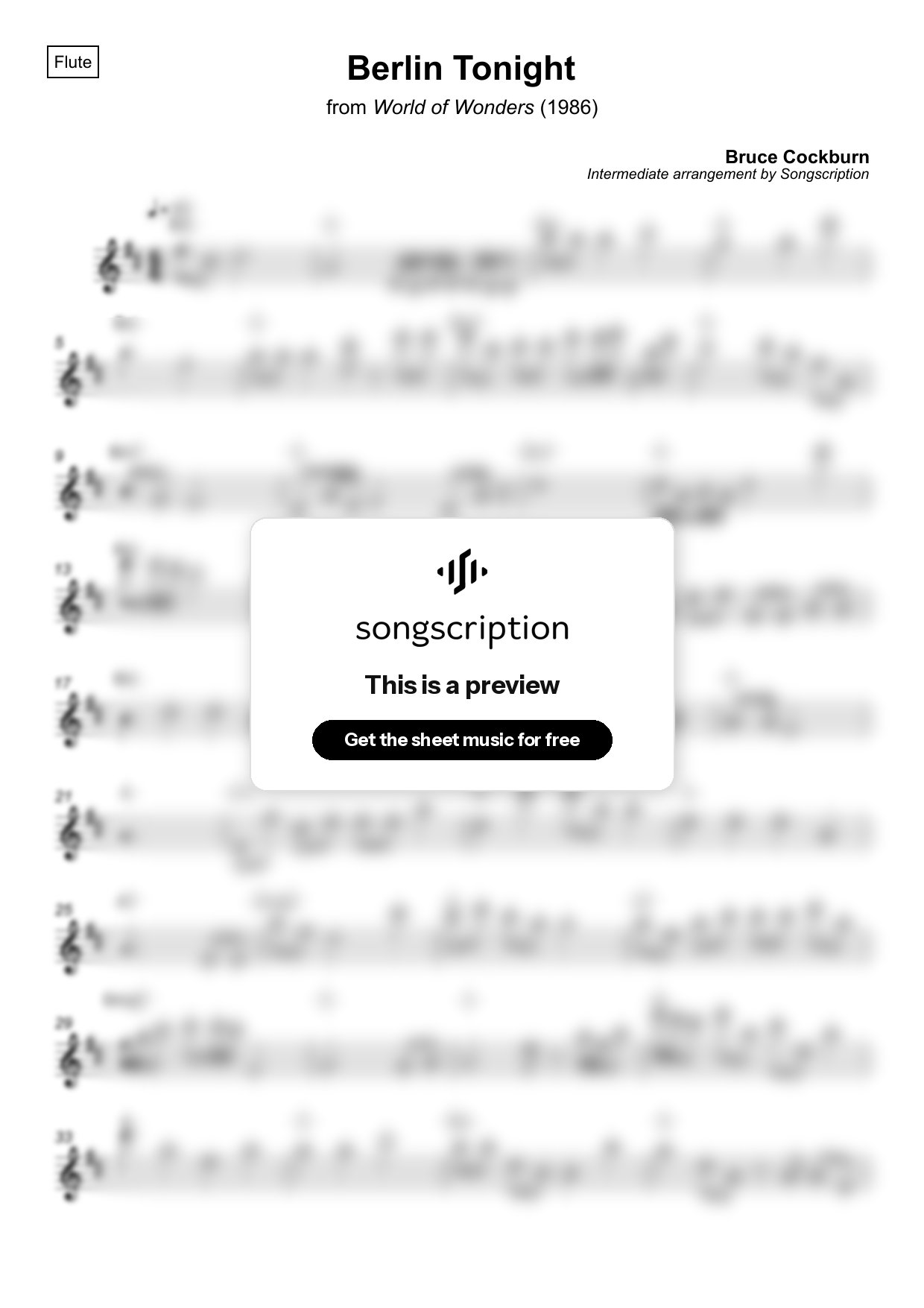 Intermediate Flute Sheet Music for "Berlin Tonight" by Bruce Cockburn