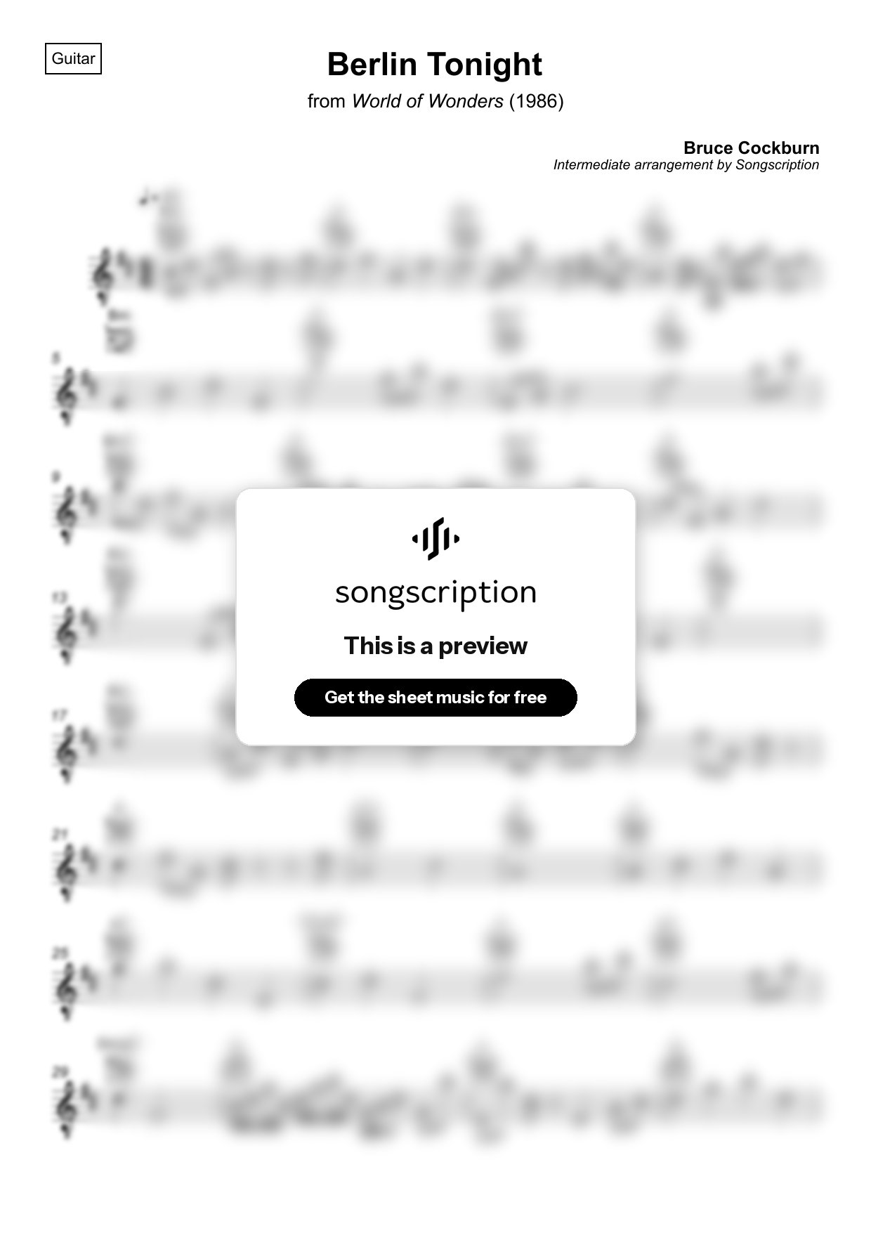 Intermediate Acoustic Guitar Sheet Music for "Berlin Tonight" by Bruce Cockburn