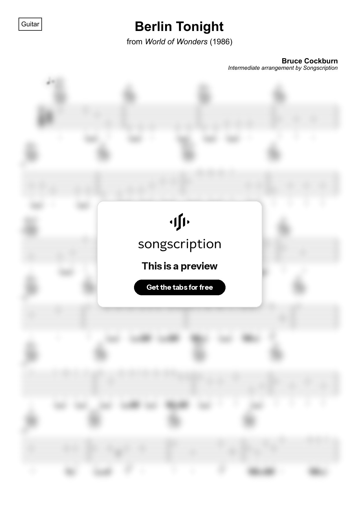 Intermediate Acoustic Guitar Tabs for "Berlin Tonight" by Bruce Cockburn