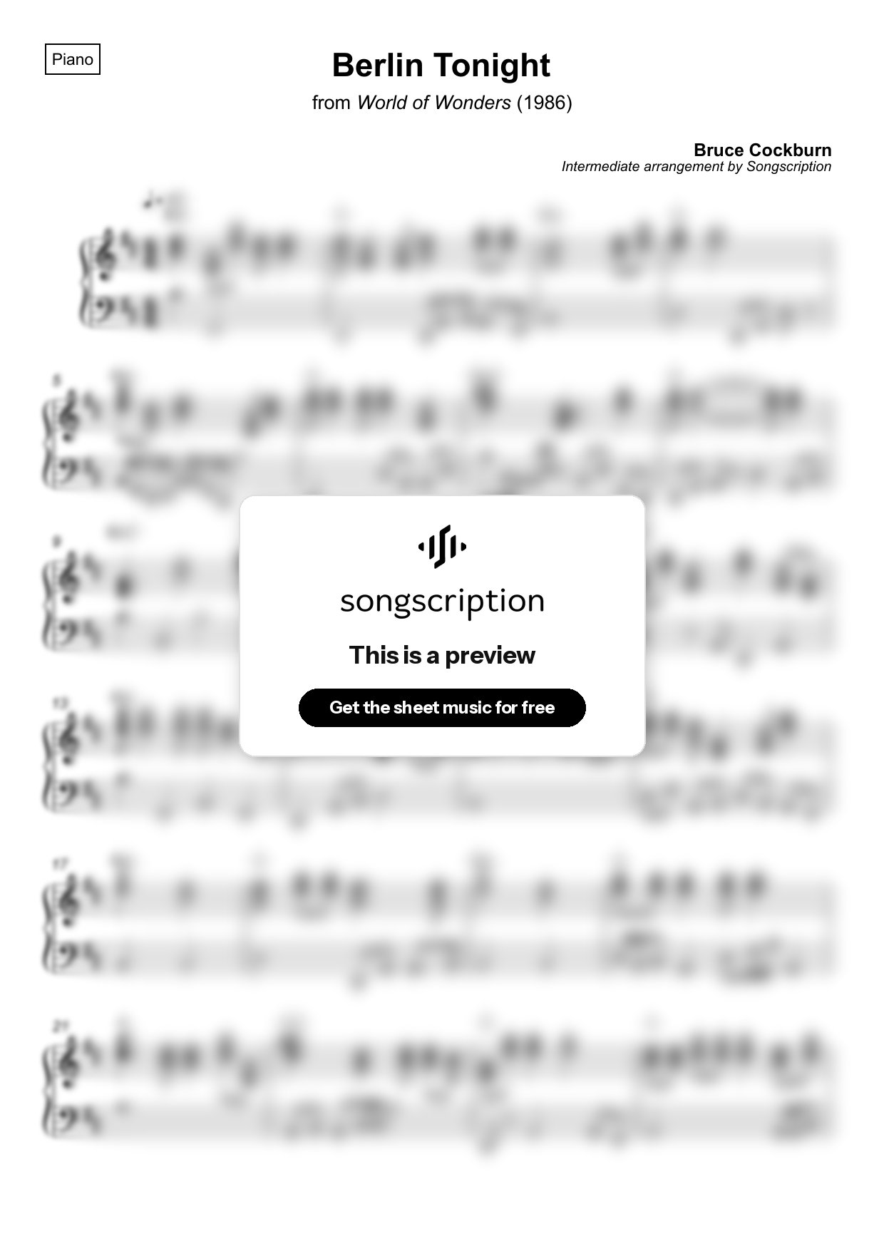 Intermediate Piano Sheet Music for "Berlin Tonight" by Bruce Cockburn