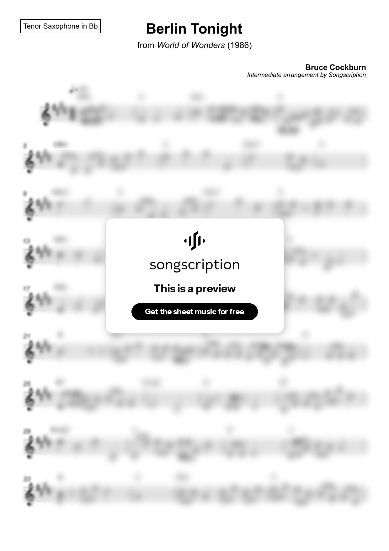 Intermediate Tenor Sax Sheet Music for "Berlin Tonight" by Bruce Cockburn
