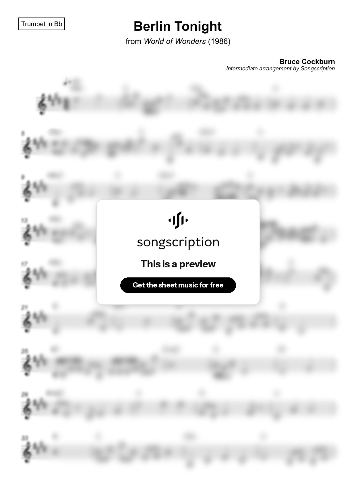 Intermediate Trumpet Sheet Music for "Berlin Tonight" by Bruce Cockburn