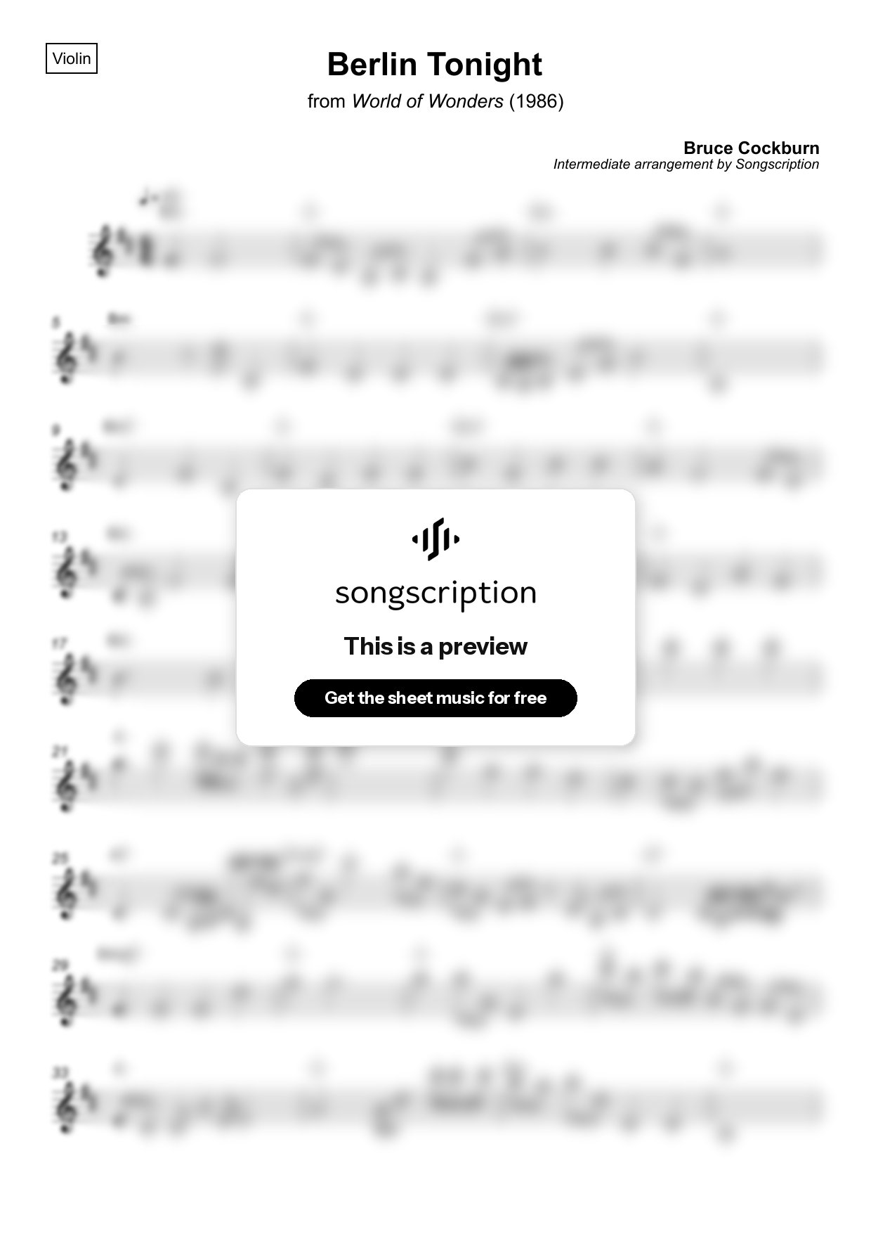 Intermediate Violin Sheet Music for "Berlin Tonight" by Bruce Cockburn