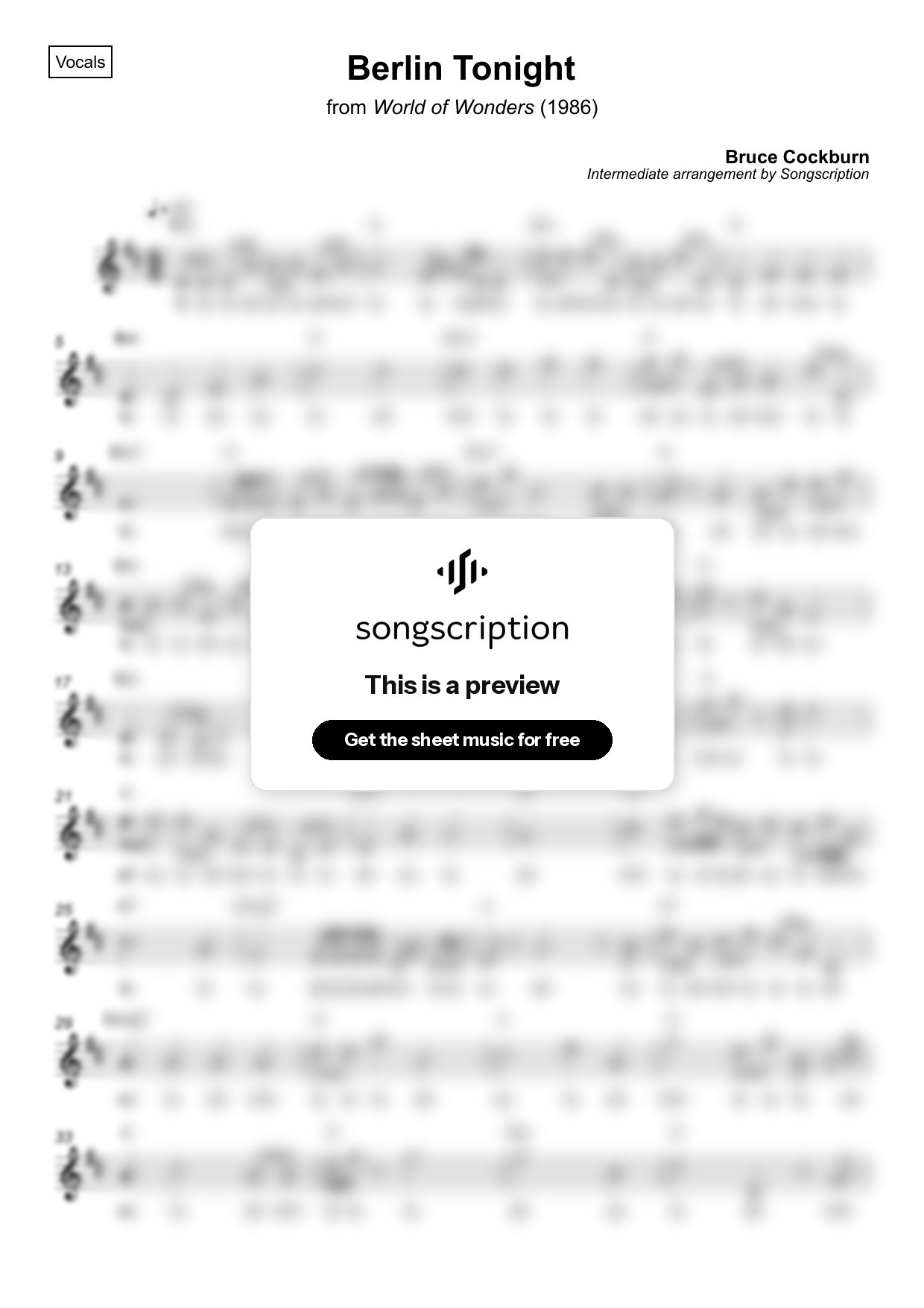 Intermediate Vocals Sheet Music for "Berlin Tonight" by Bruce Cockburn