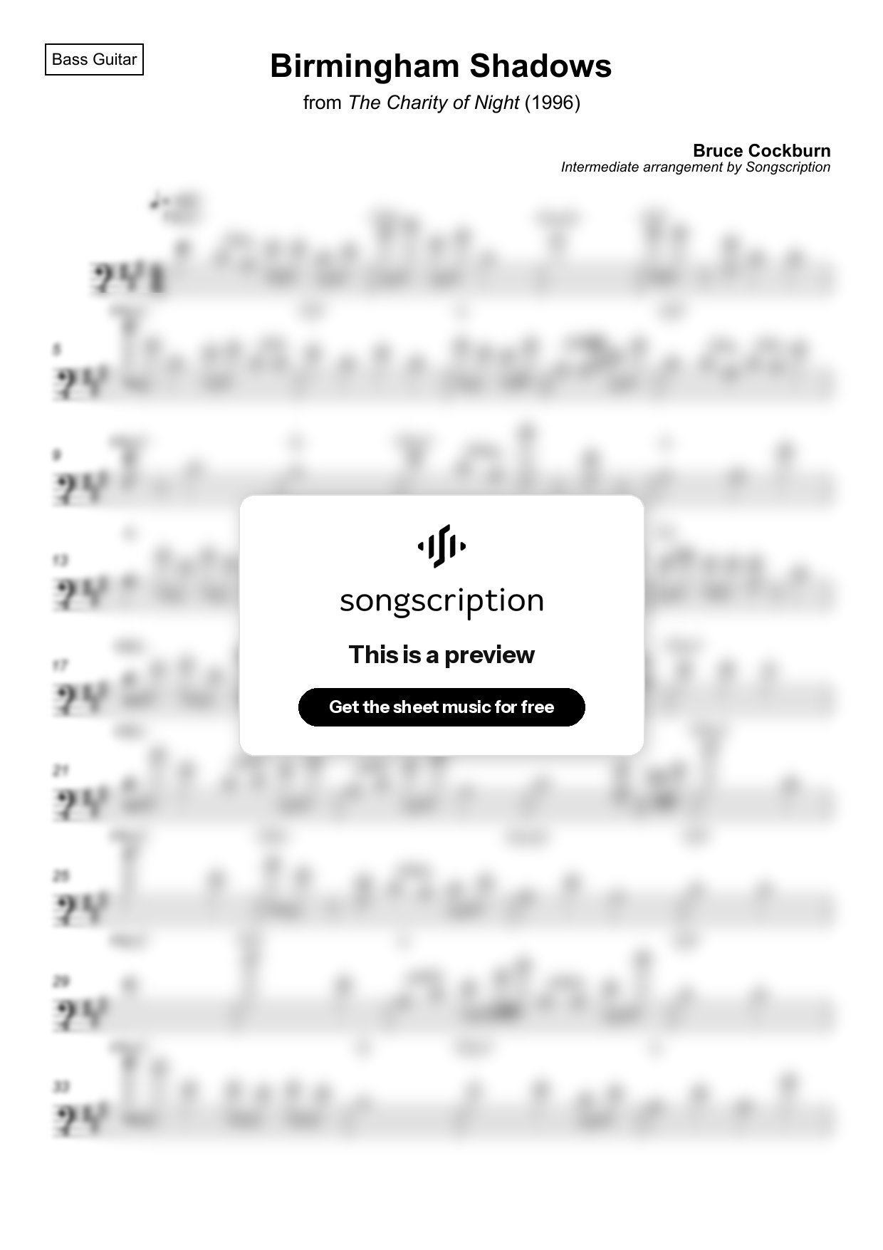 Intermediate Bass Guitar Sheet Music for "Birmingham Shadows" by Bruce Cockburn