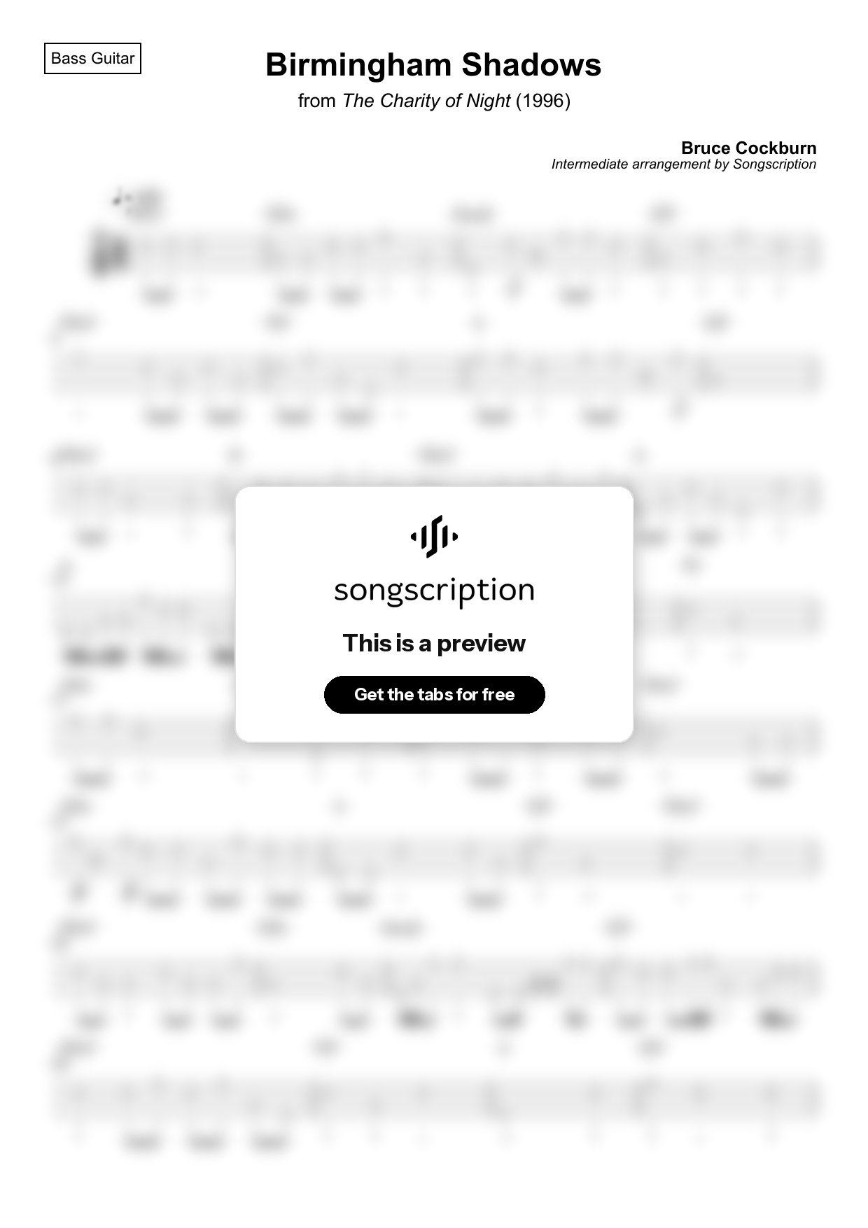 Intermediate Bass Guitar Tabs for "Birmingham Shadows" by Bruce Cockburn