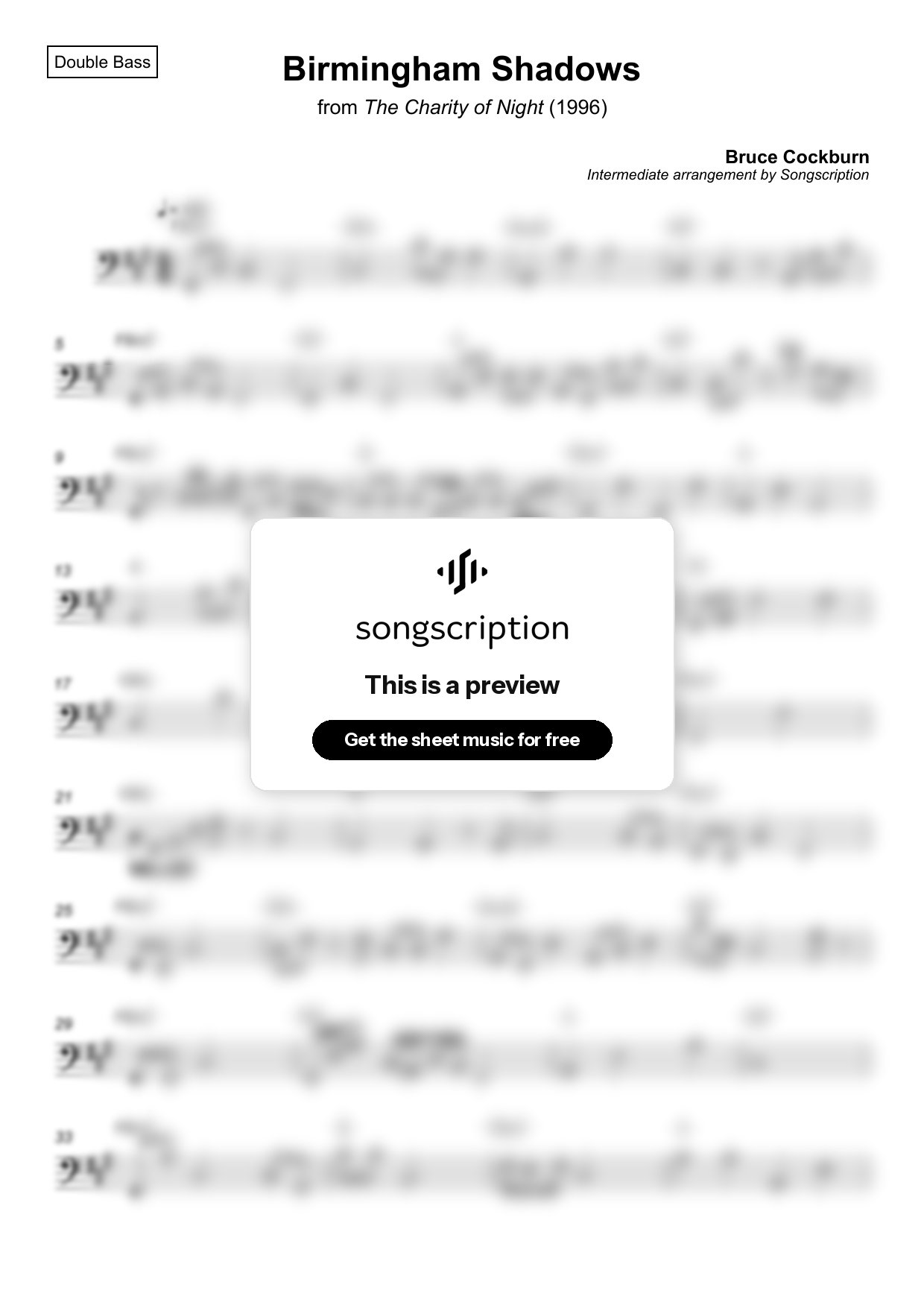 Intermediate Double Bass Sheet Music for "Birmingham Shadows" by Bruce Cockburn