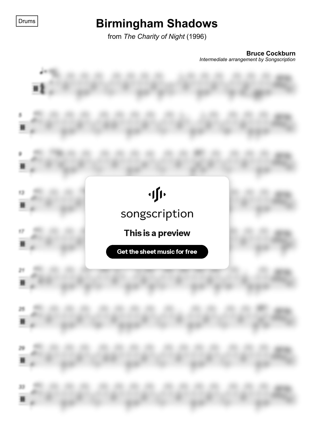 Intermediate Drums Sheet Music for "Birmingham Shadows" by Bruce Cockburn
