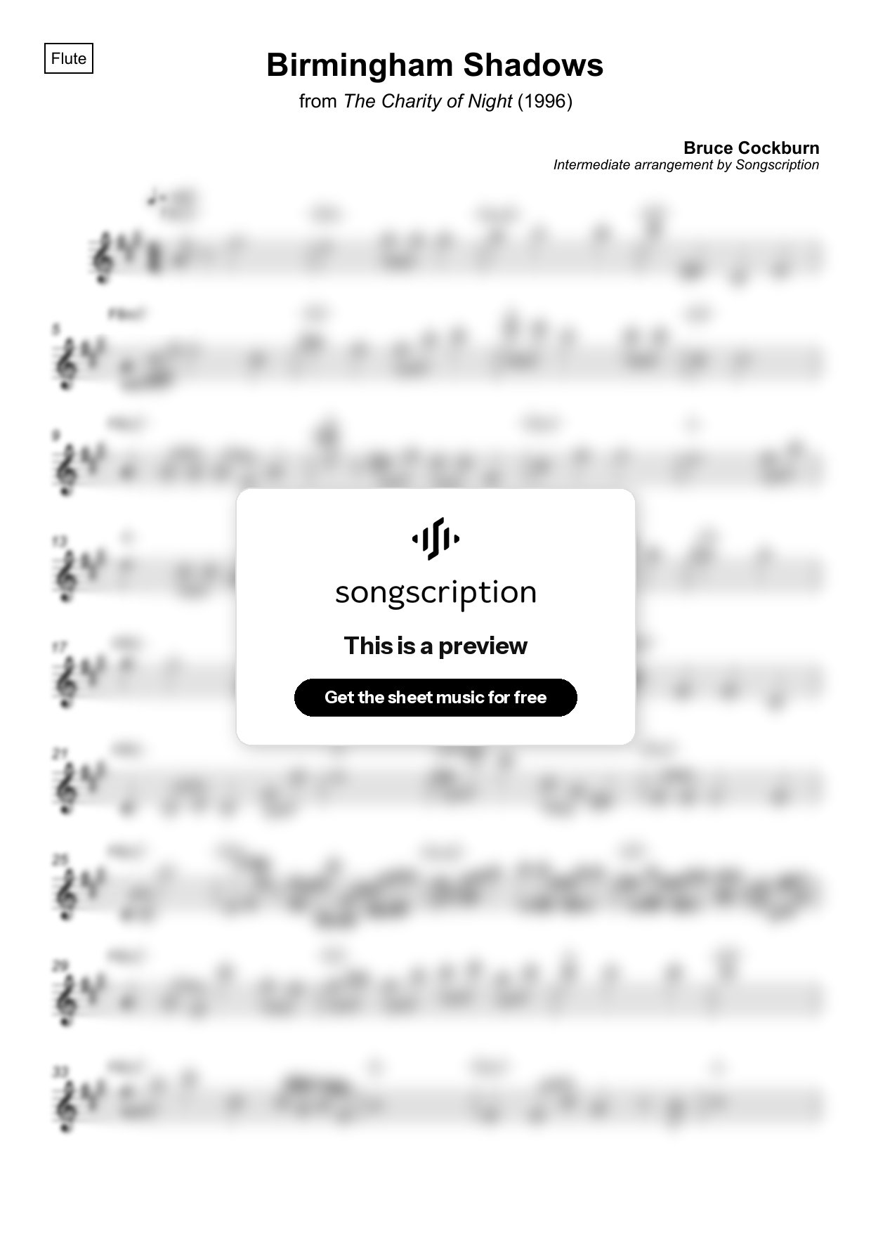 Intermediate Flute Sheet Music for "Birmingham Shadows" by Bruce Cockburn