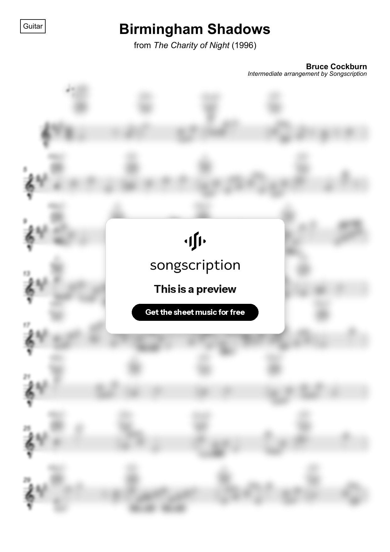 Intermediate Acoustic Guitar Sheet Music for "Birmingham Shadows" by Bruce Cockburn