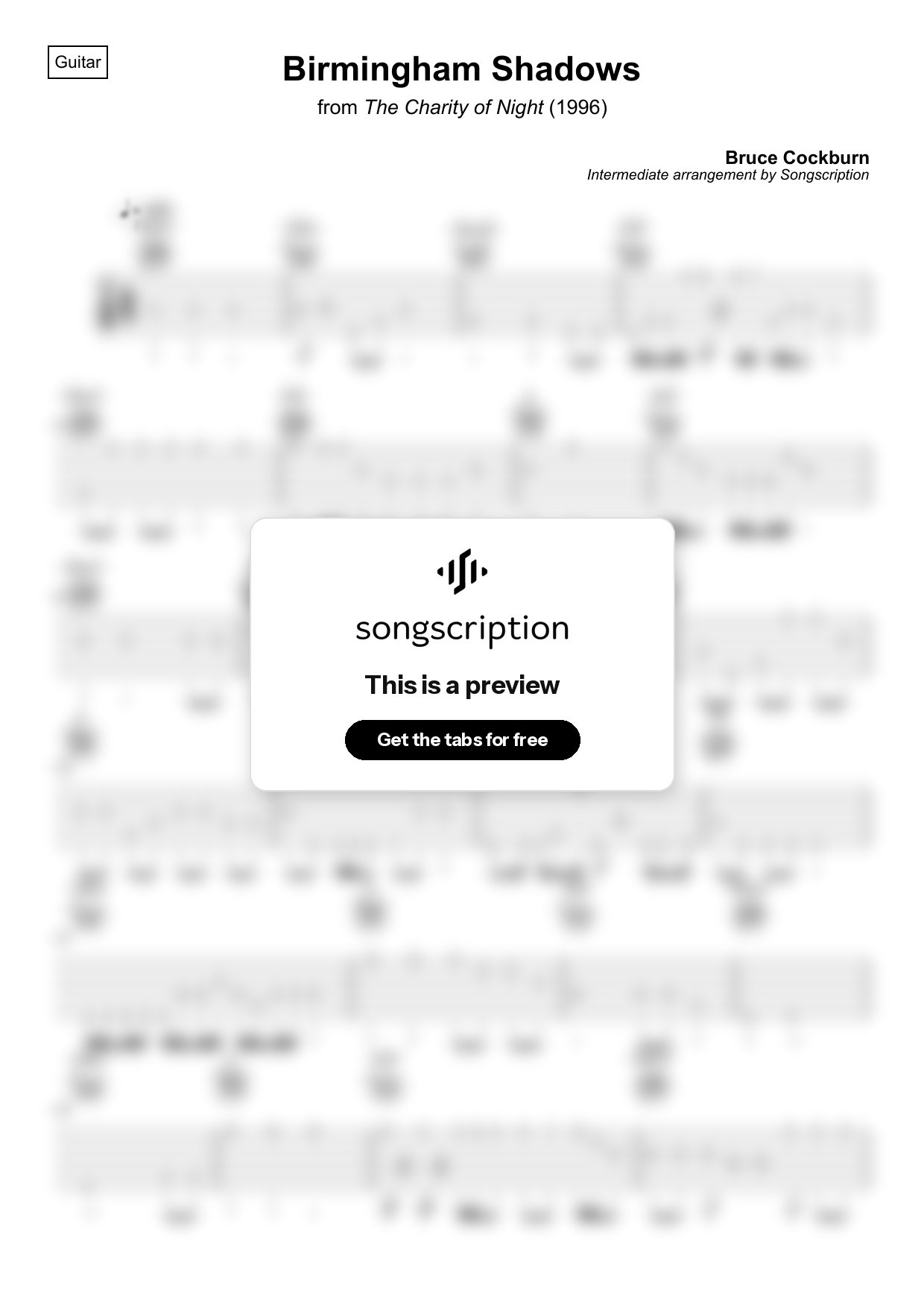 Intermediate Acoustic Guitar Tabs for "Birmingham Shadows" by Bruce Cockburn