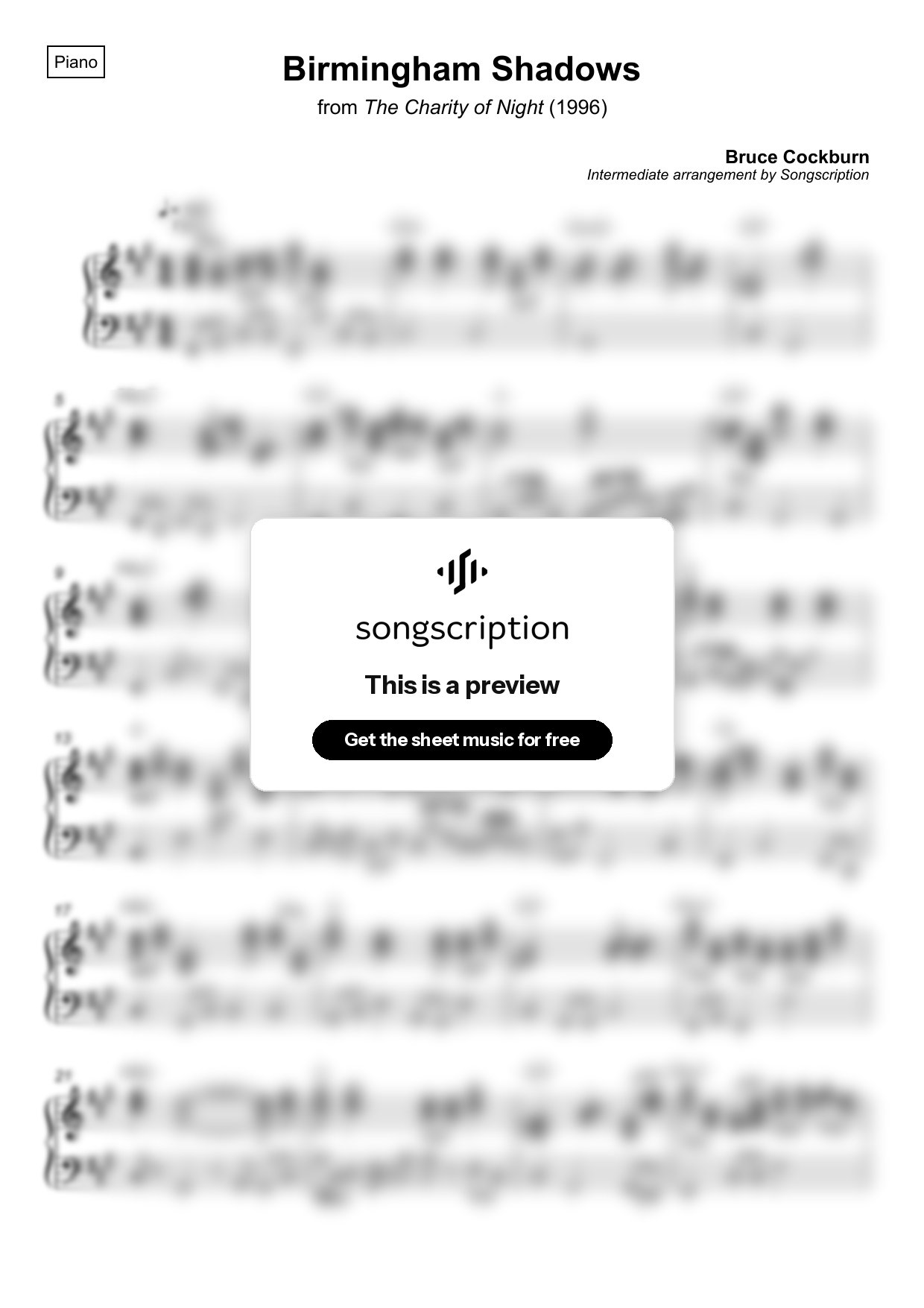 Intermediate Piano Sheet Music for "Birmingham Shadows" by Bruce Cockburn