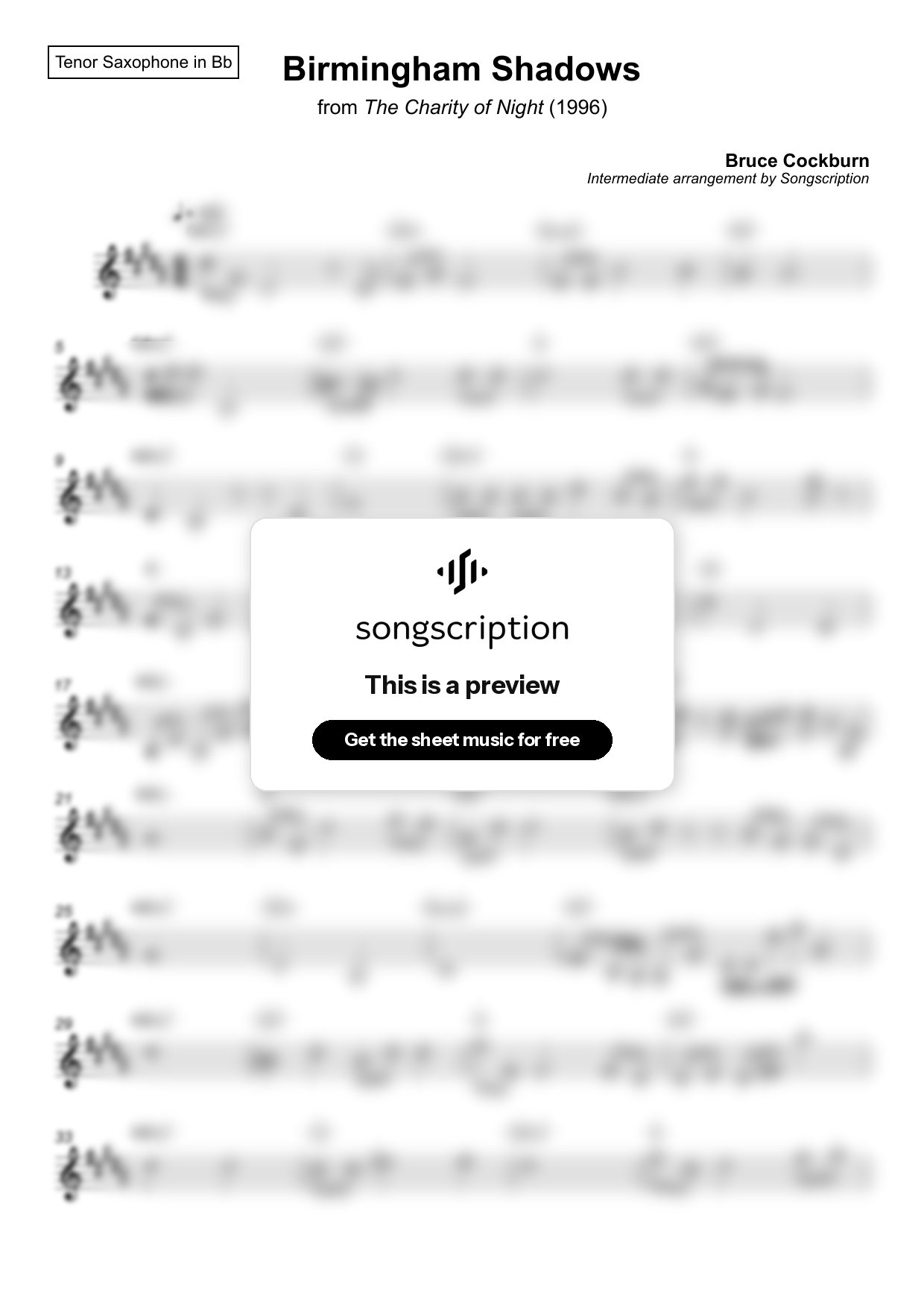 Intermediate Tenor Sax Sheet Music for "Birmingham Shadows" by Bruce Cockburn