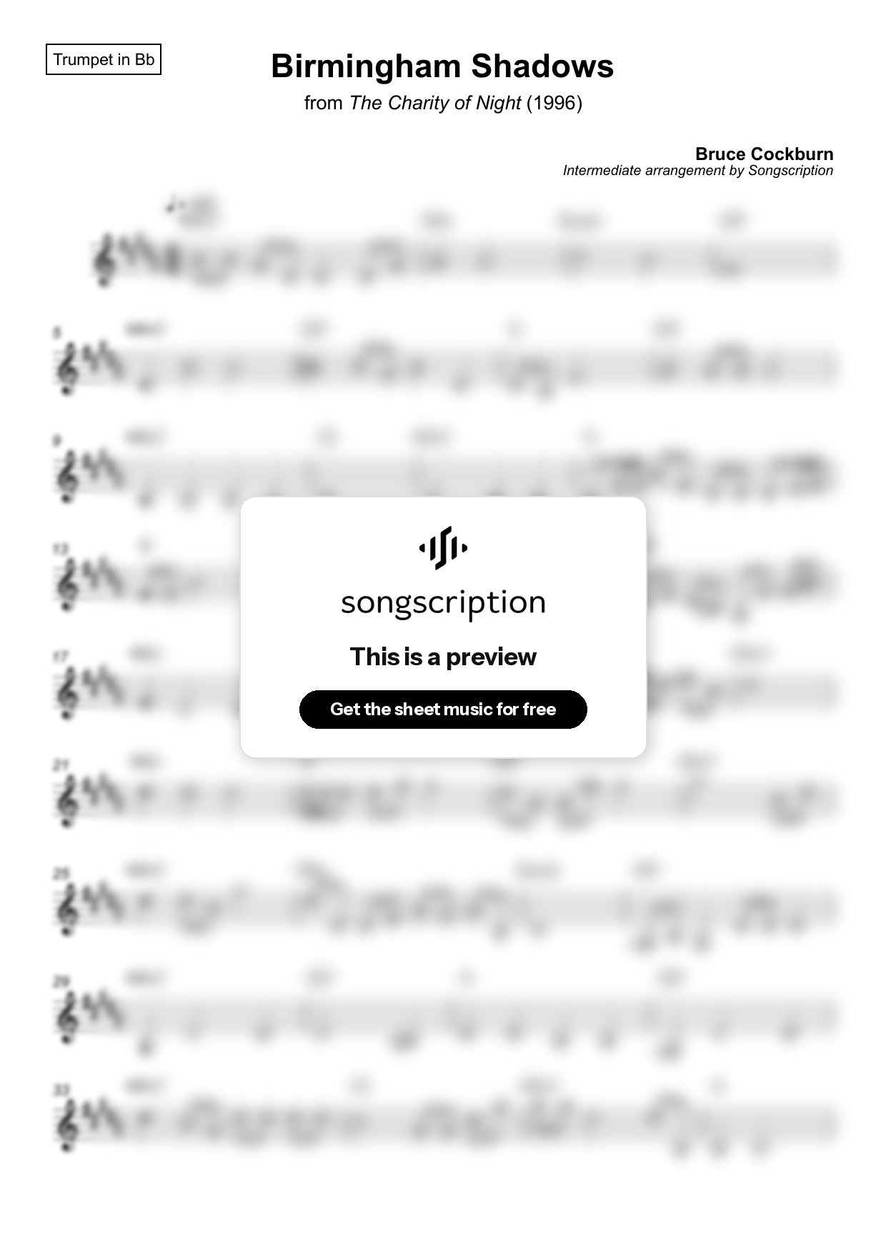 Intermediate Trumpet Sheet Music for "Birmingham Shadows" by Bruce Cockburn