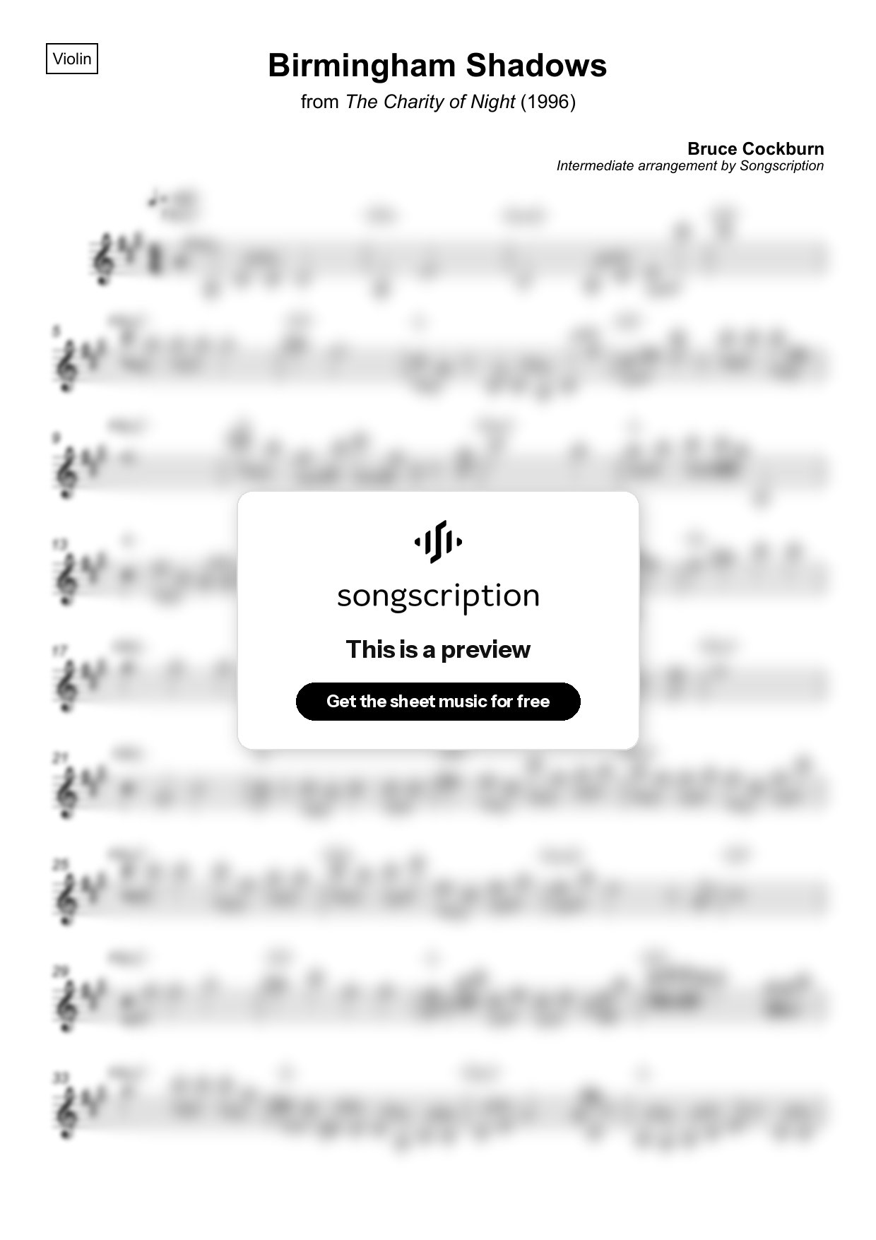 Intermediate Violin Sheet Music for "Birmingham Shadows" by Bruce Cockburn